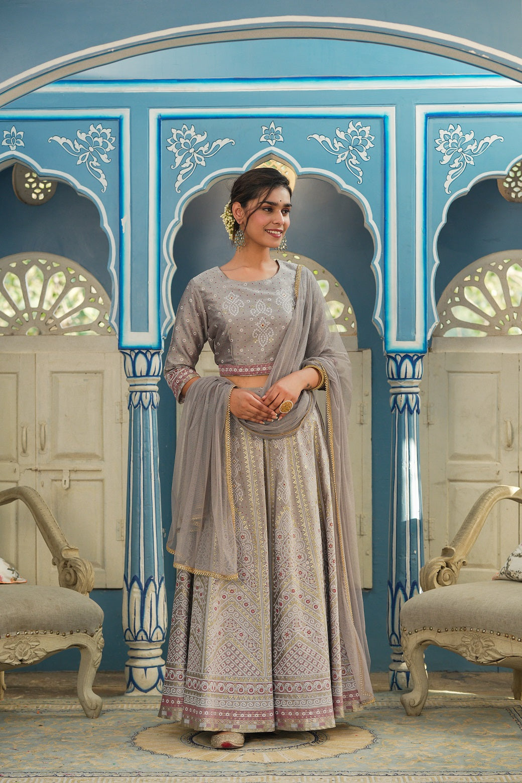 Juniper Grey Santoon Slub Festive Foil Printed Lehenga Choli Set For Women
