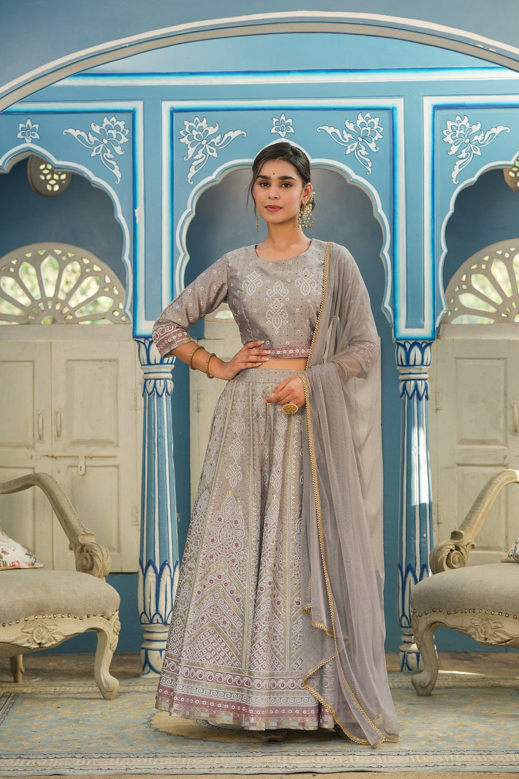 Juniper Grey Santoon Slub Festive Foil Printed Lehenga Choli Set For Women