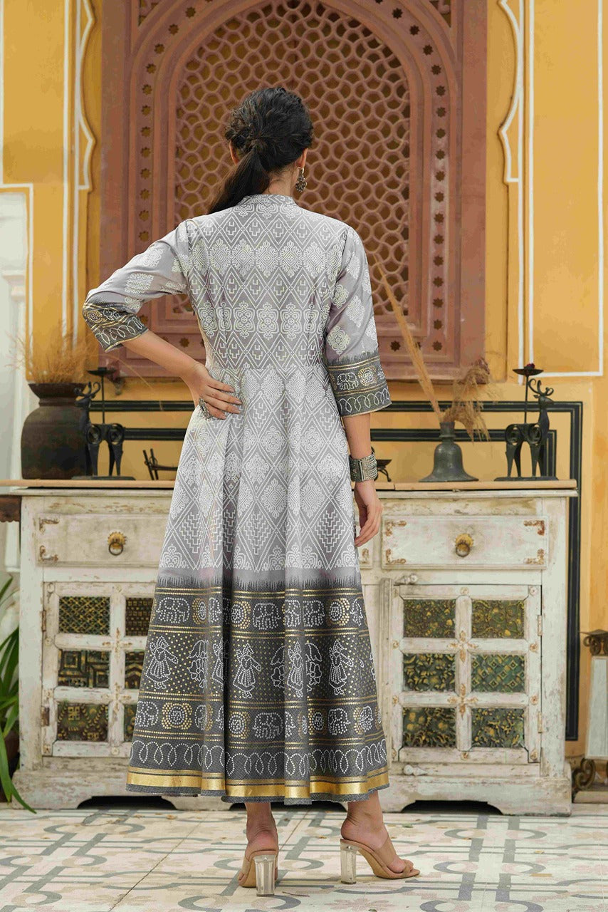 Juniper Women Grey Shantoon Festive Khadi Print Foil Print Flared Dress