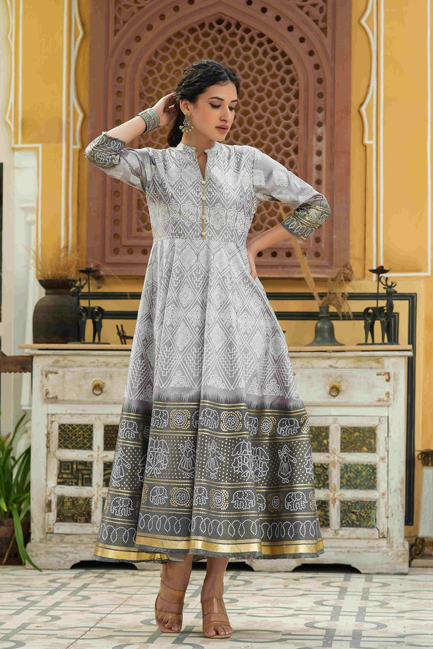 Juniper Women Grey Shantoon Festive Khadi Print Foil Print Flared Dress