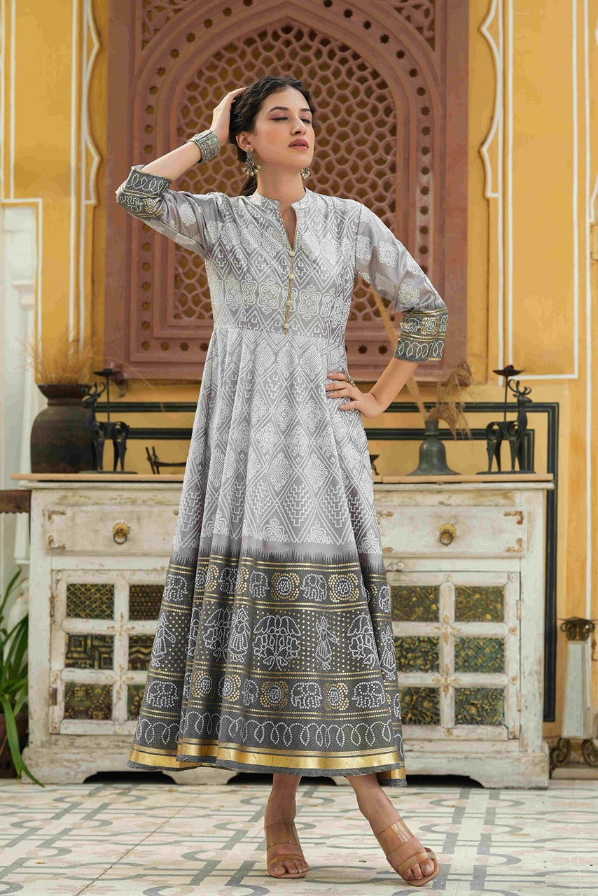 Juniper Women Grey Shantoon Festive Khadi Print Foil Print Flared Dress