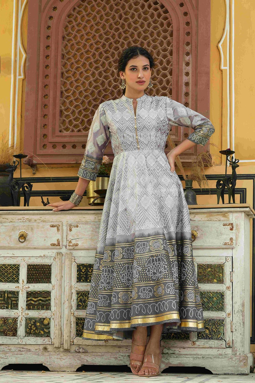 Juniper Women Grey Shantoon Festive Khadi Print Foil Print Flared Dress