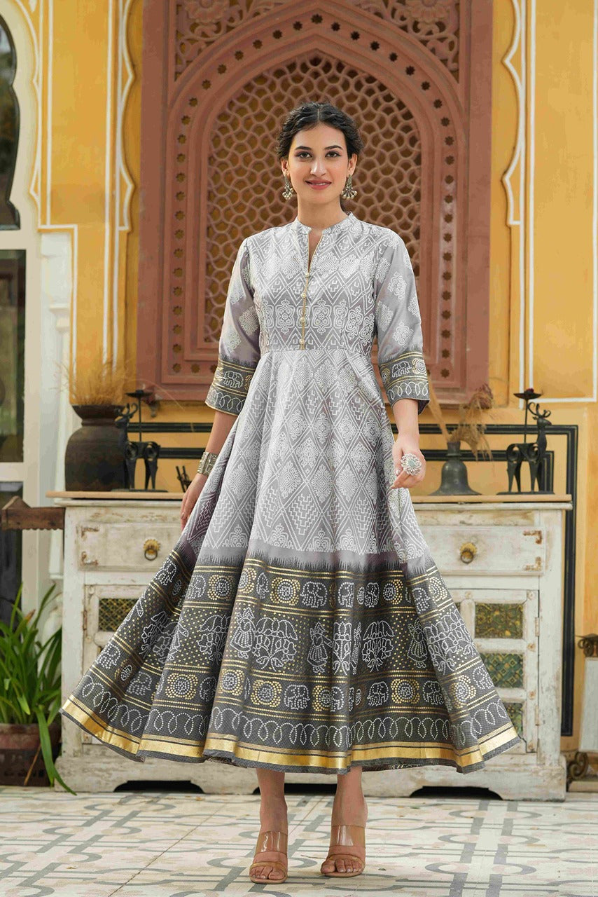 Juniper Women Grey Shantoon Festive Khadi Print Foil Print Flared Dress