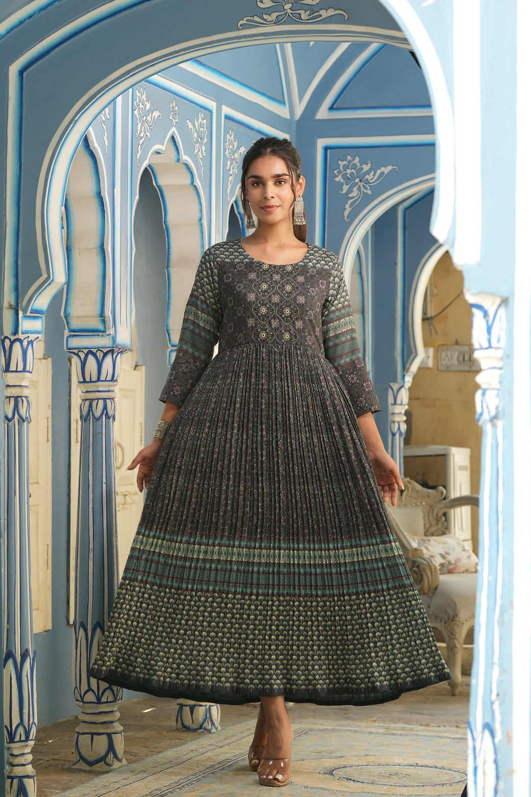 Juniper Women Bottle Green Muslin Festive Printed Flared Dress
