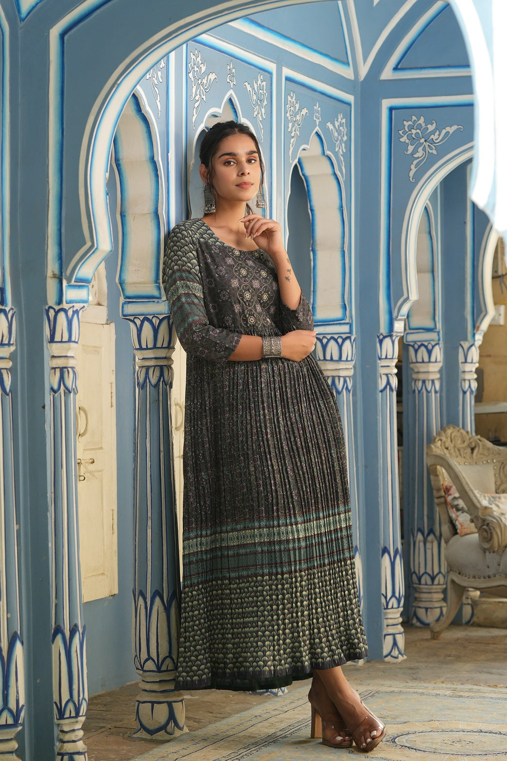 Juniper Women Bottle Green Muslin Festive Printed Flared Dress