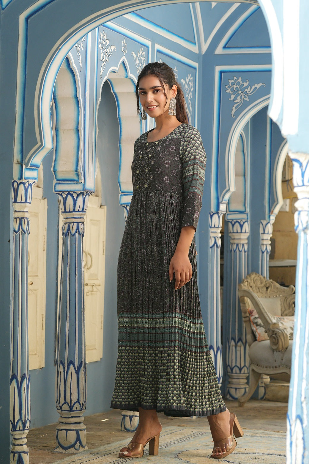 Juniper Women Bottle Green Muslin Festive Printed Flared Dress
