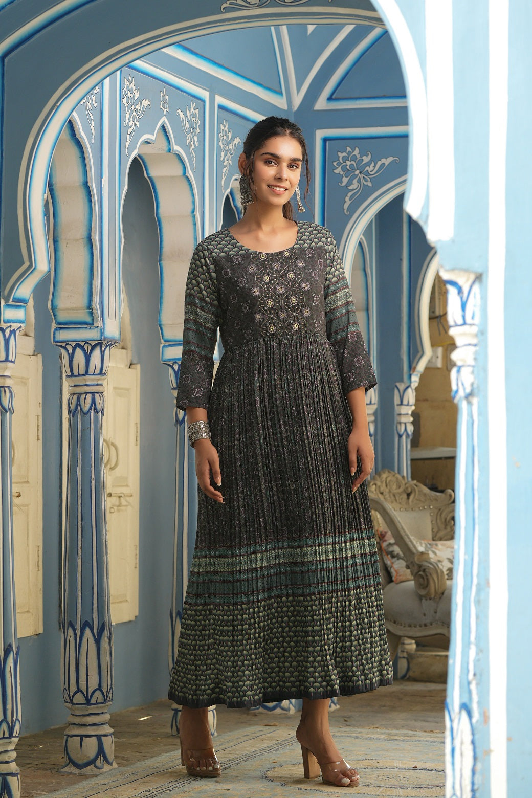 Juniper Women Bottle Green Muslin Festive Printed Flared Dress