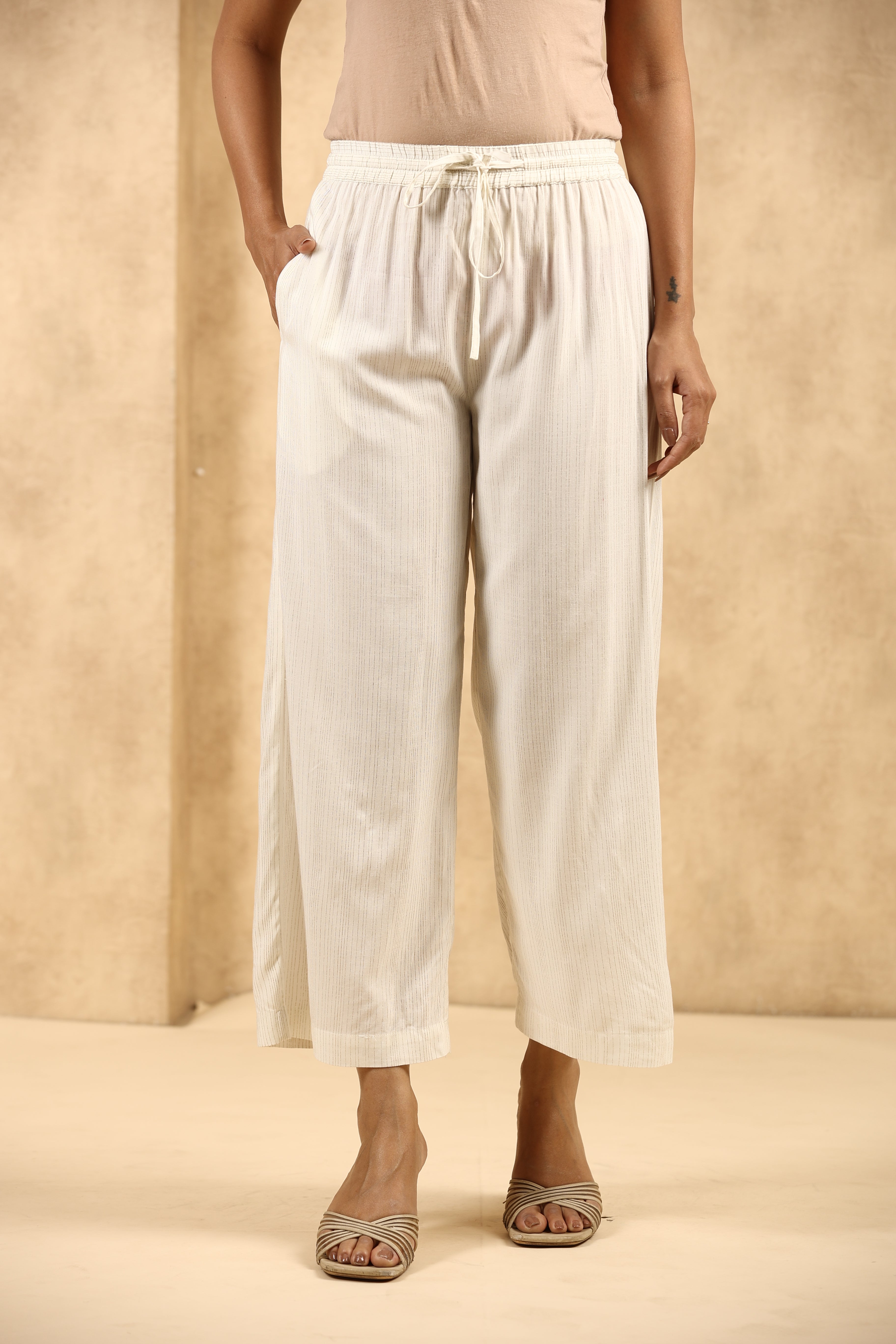 Juniper Off-White Rayon Solid Wide Leg Palazzo With drawstring and elasticated waistband