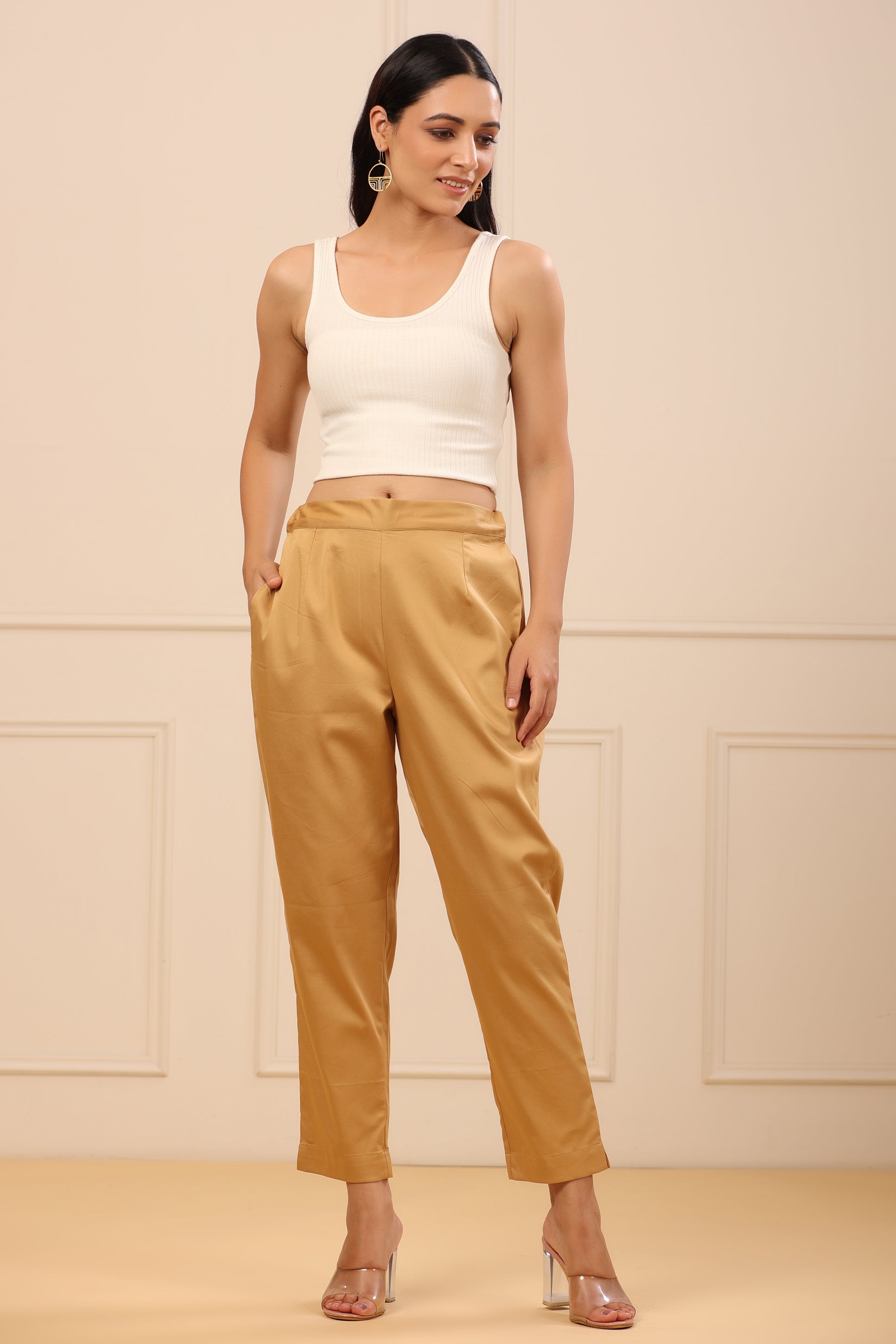 Juniper  Beige Cotton Solid Slim Fit Pants With Partially Elasticated Waistband