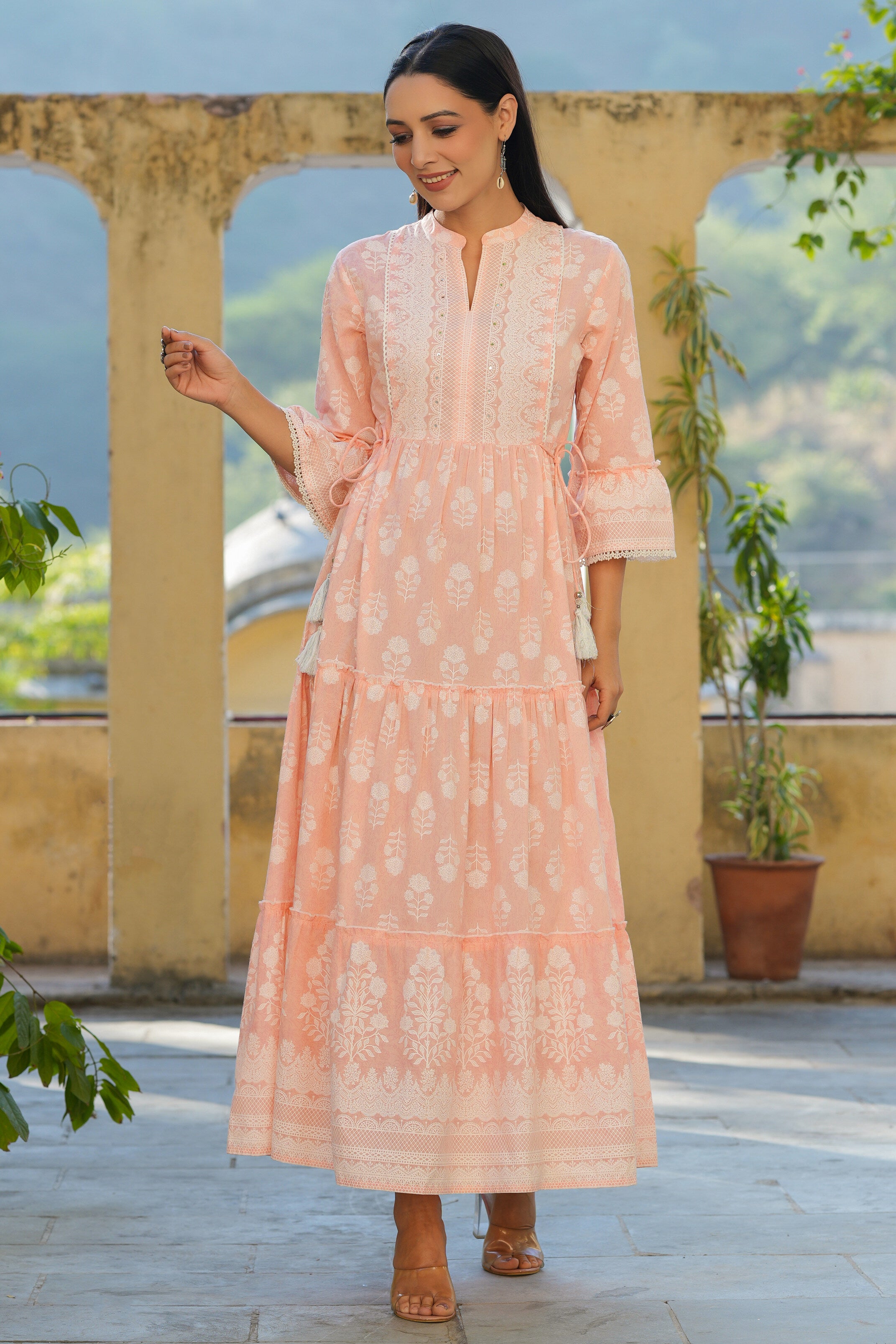 Juniper Women's Peach Cambric Floral Printed Maxi Tiered Dress
