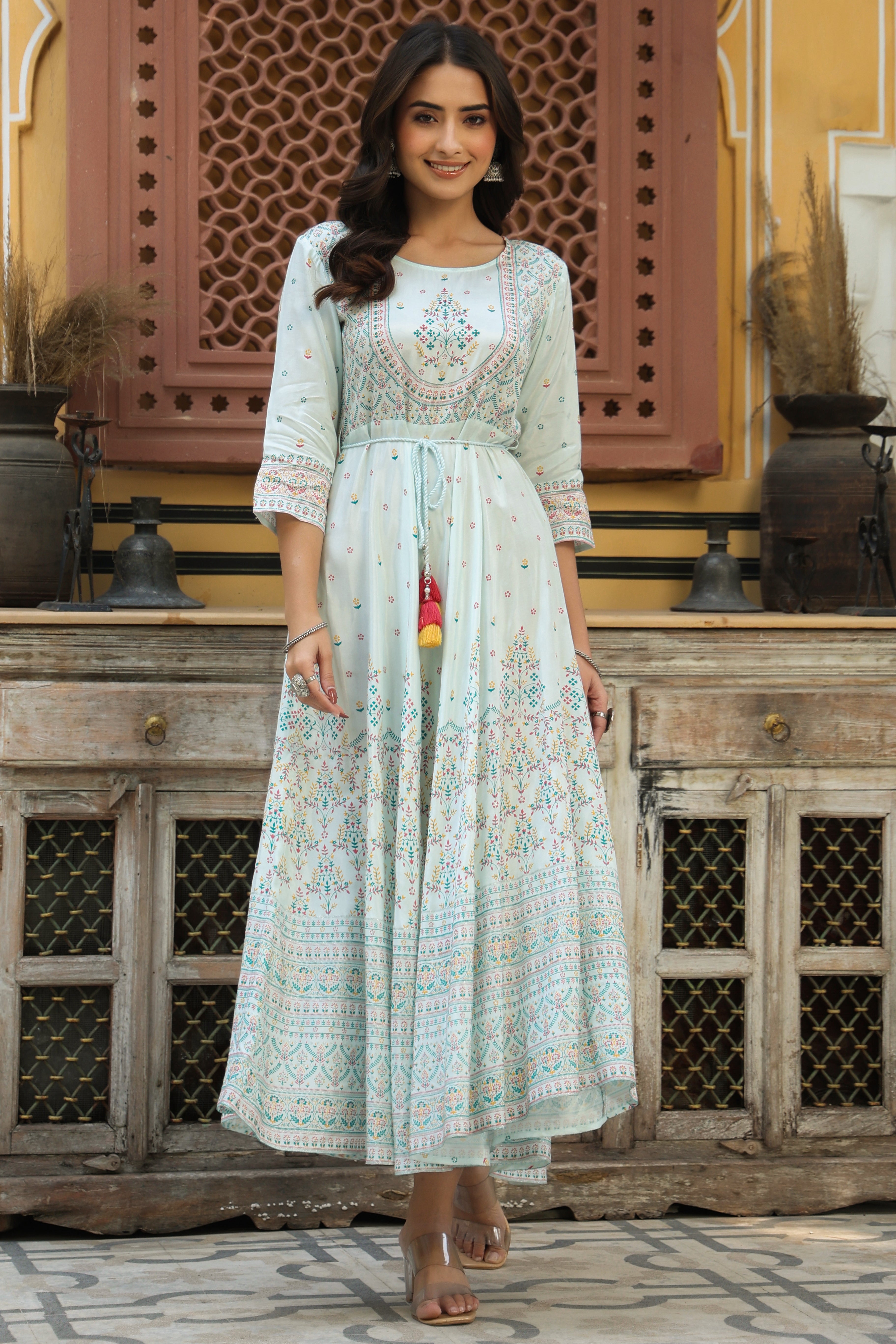 Juniper Sky Blue Ethnic Motif Printed Shantoon Flared Maxi dress With Beads & Sequins Work