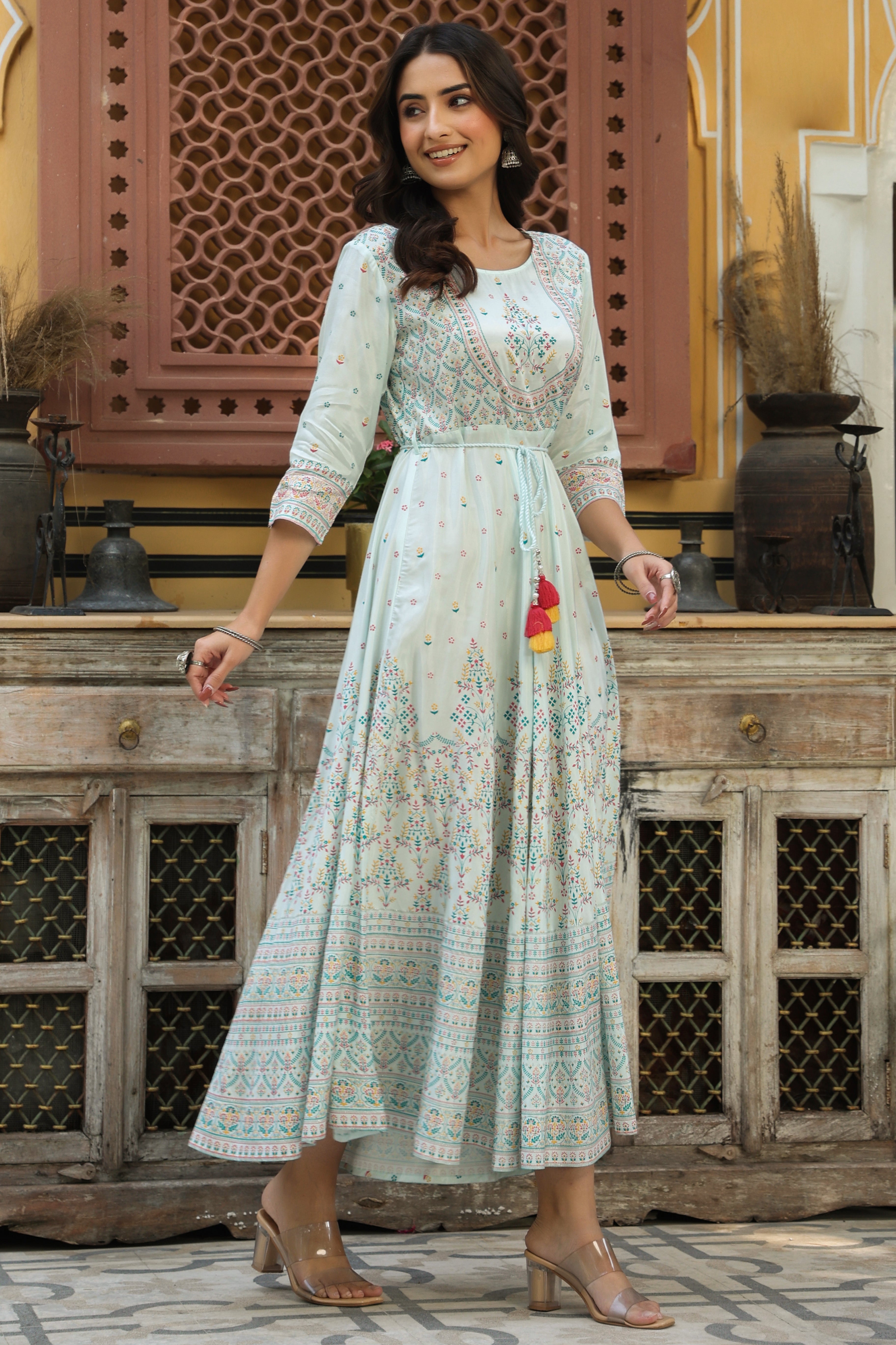 Juniper Sky Blue Ethnic Motif Printed Shantoon Flared Maxi dress With Beads & Sequins Work