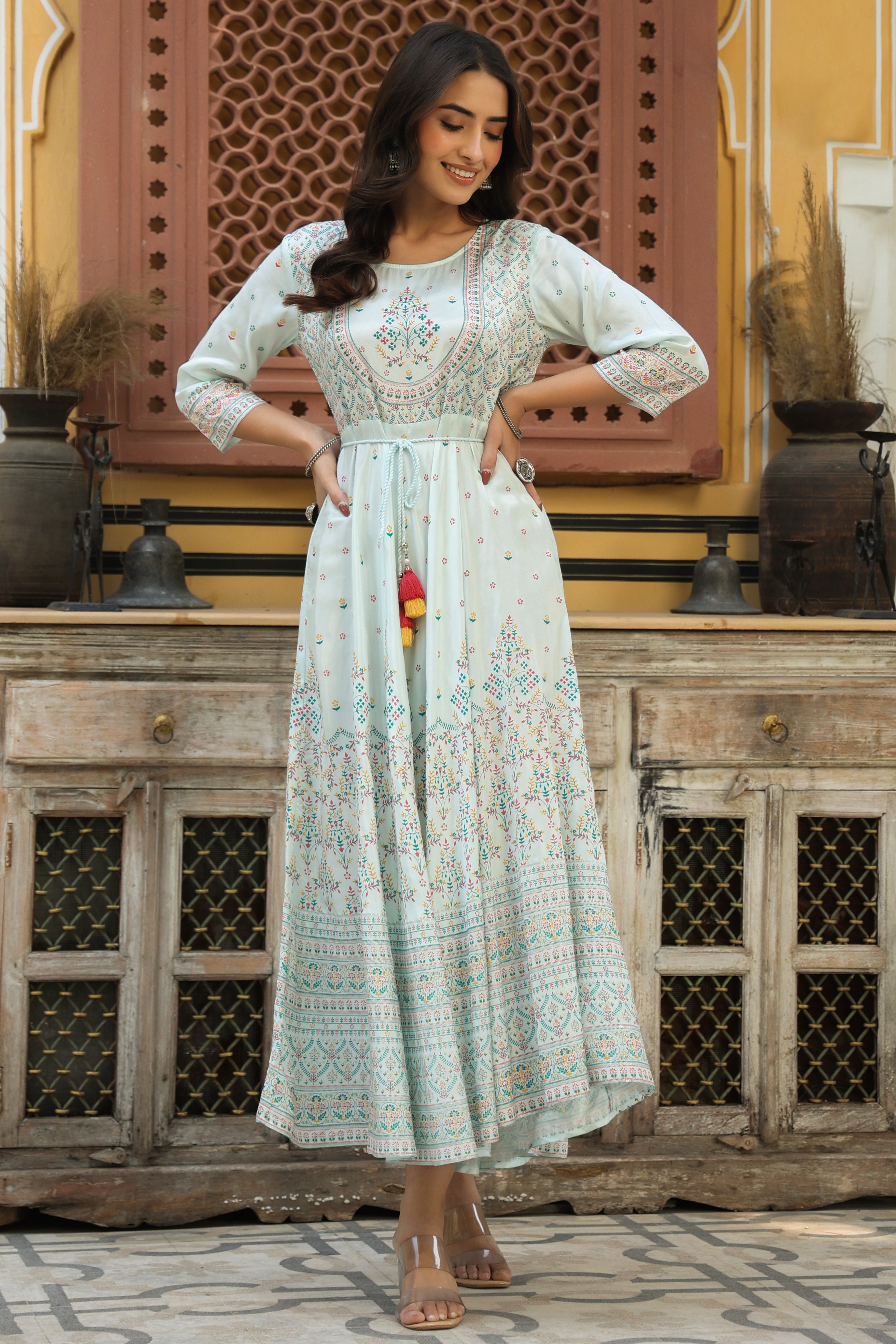 Juniper Sky Blue Ethnic Motif Printed Shantoon Flared Maxi dress With Beads & Sequins Work