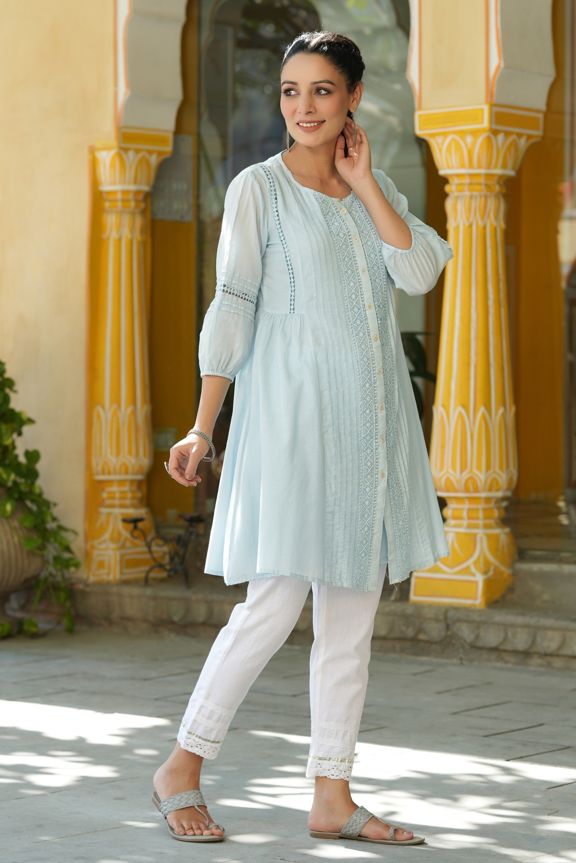 Juniper Women Sky-Blue Cotton Cambric Solid with Lace Detailing A-line Kurta