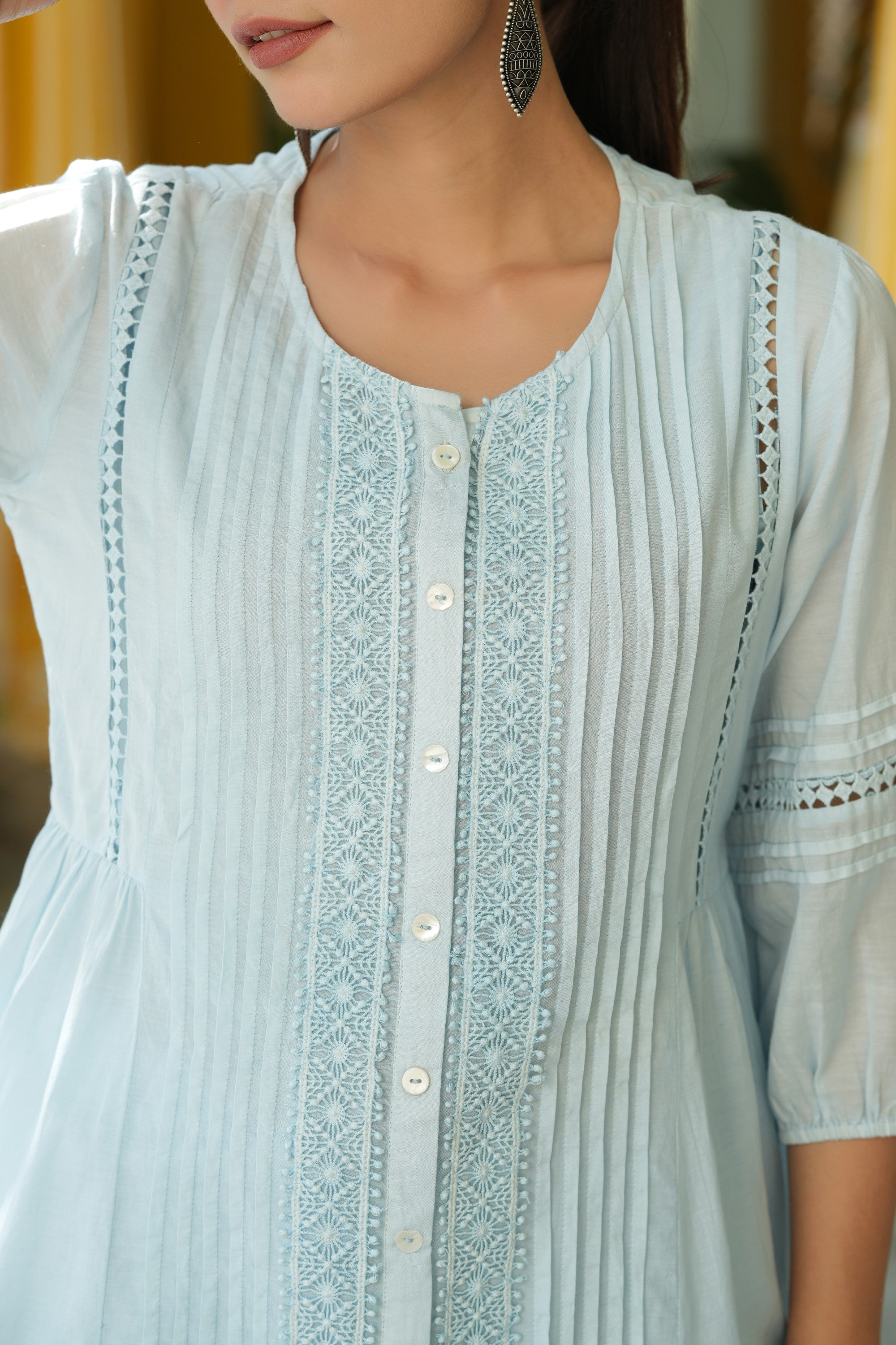 Juniper Women Sky-Blue Cotton Cambric Solid with Lace Detailing A-line Kurta