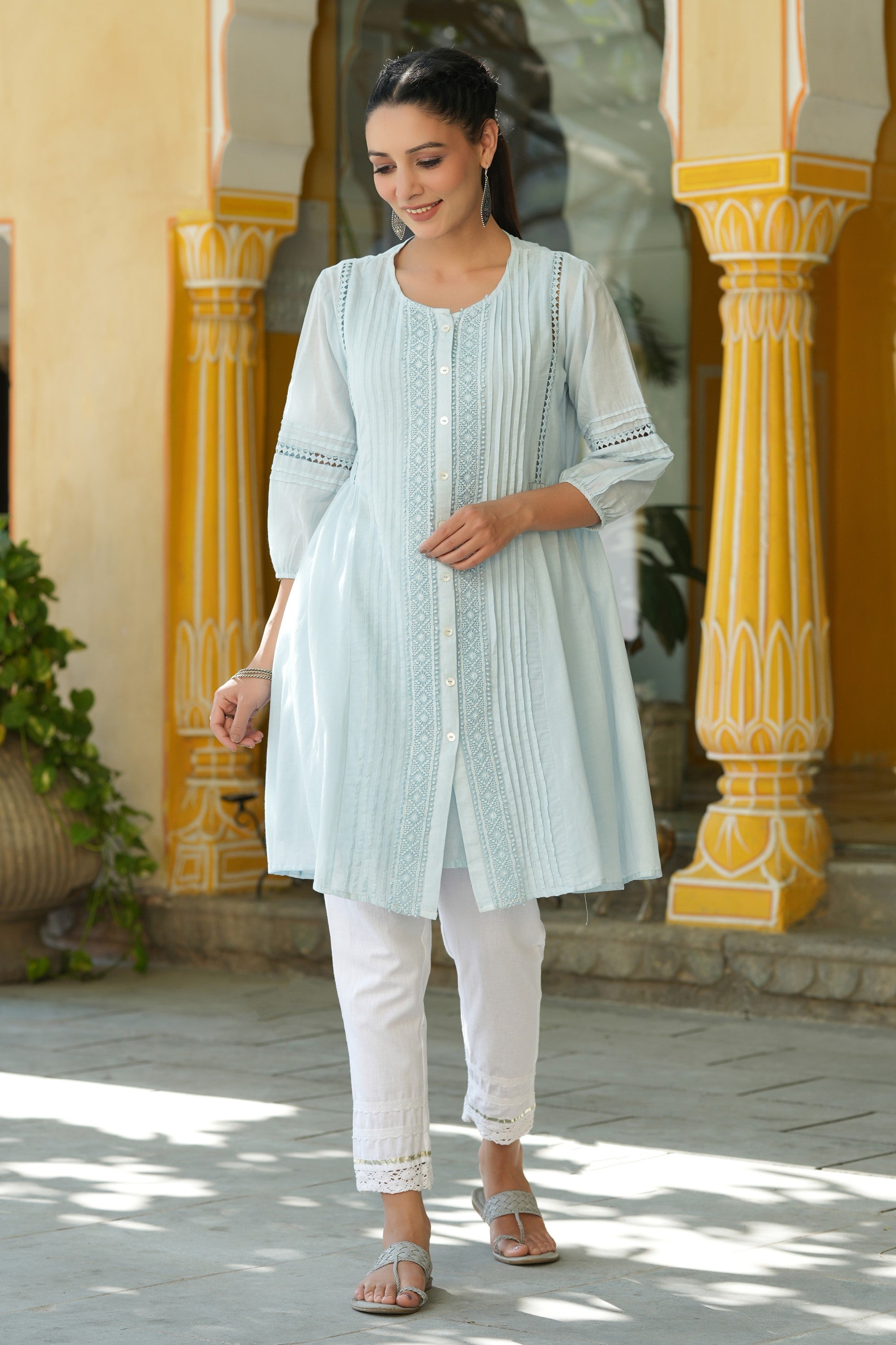 Juniper Women Sky-Blue Cotton Cambric Solid with Lace Detailing A-line Kurta