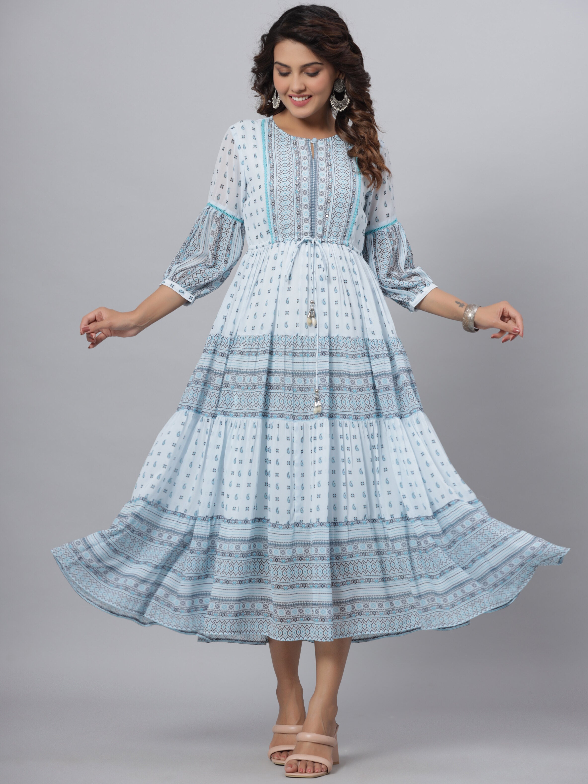 Juniper Women's Skyblue Georgette Printed Flared Dress