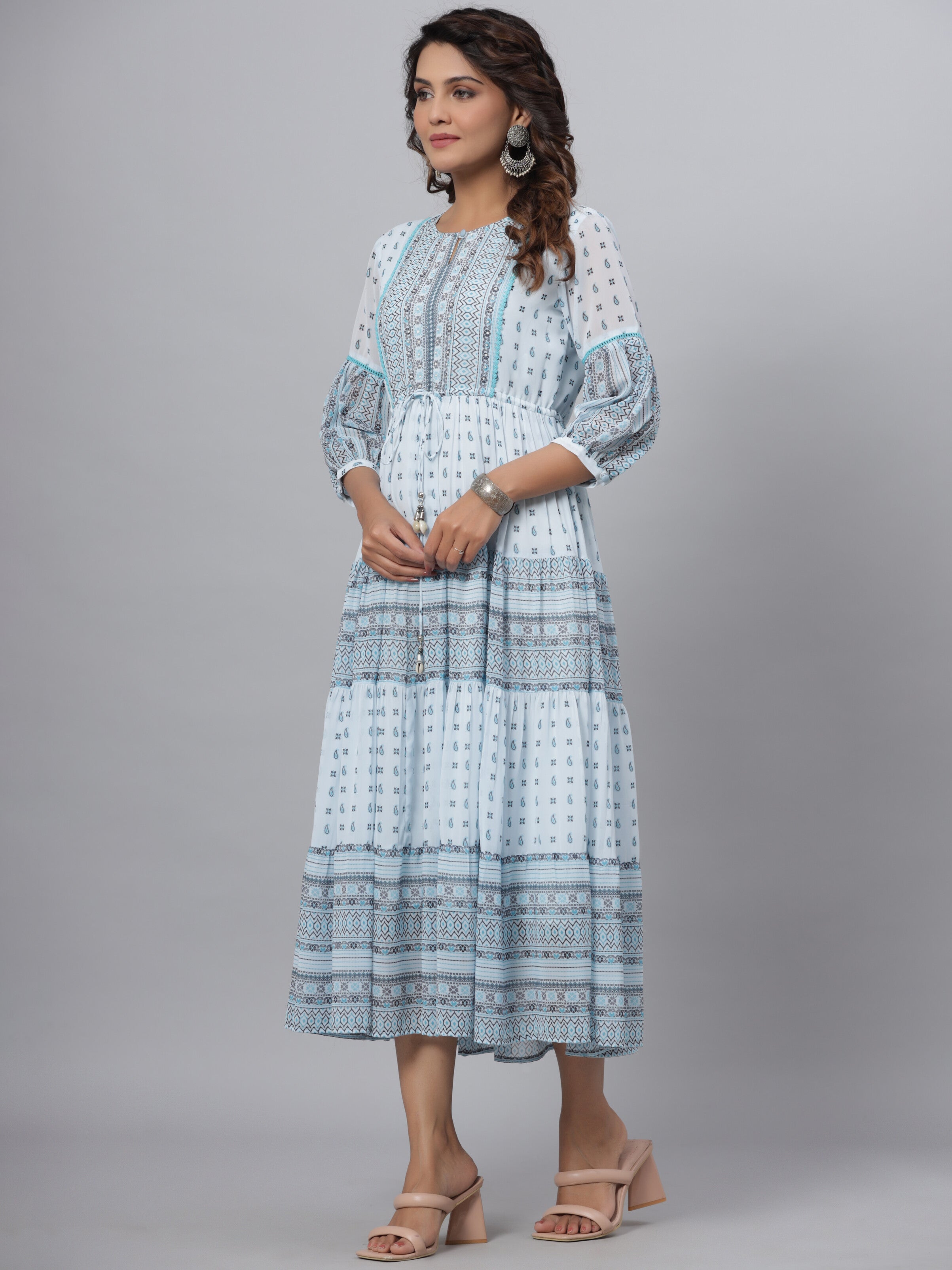 Juniper Women's Skyblue Georgette Printed Flared Dress