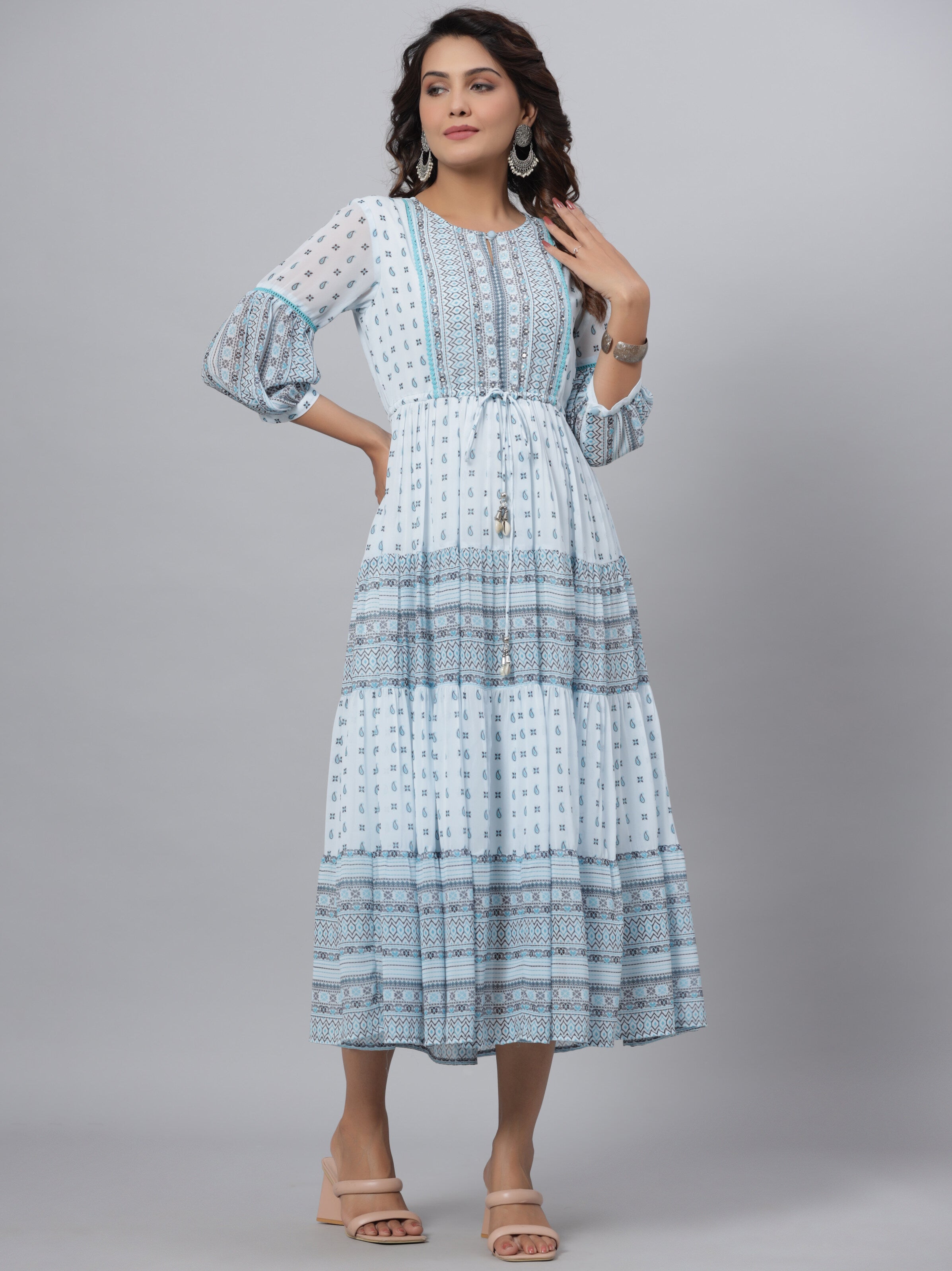 Juniper Women's Skyblue Georgette Printed Flared Dress