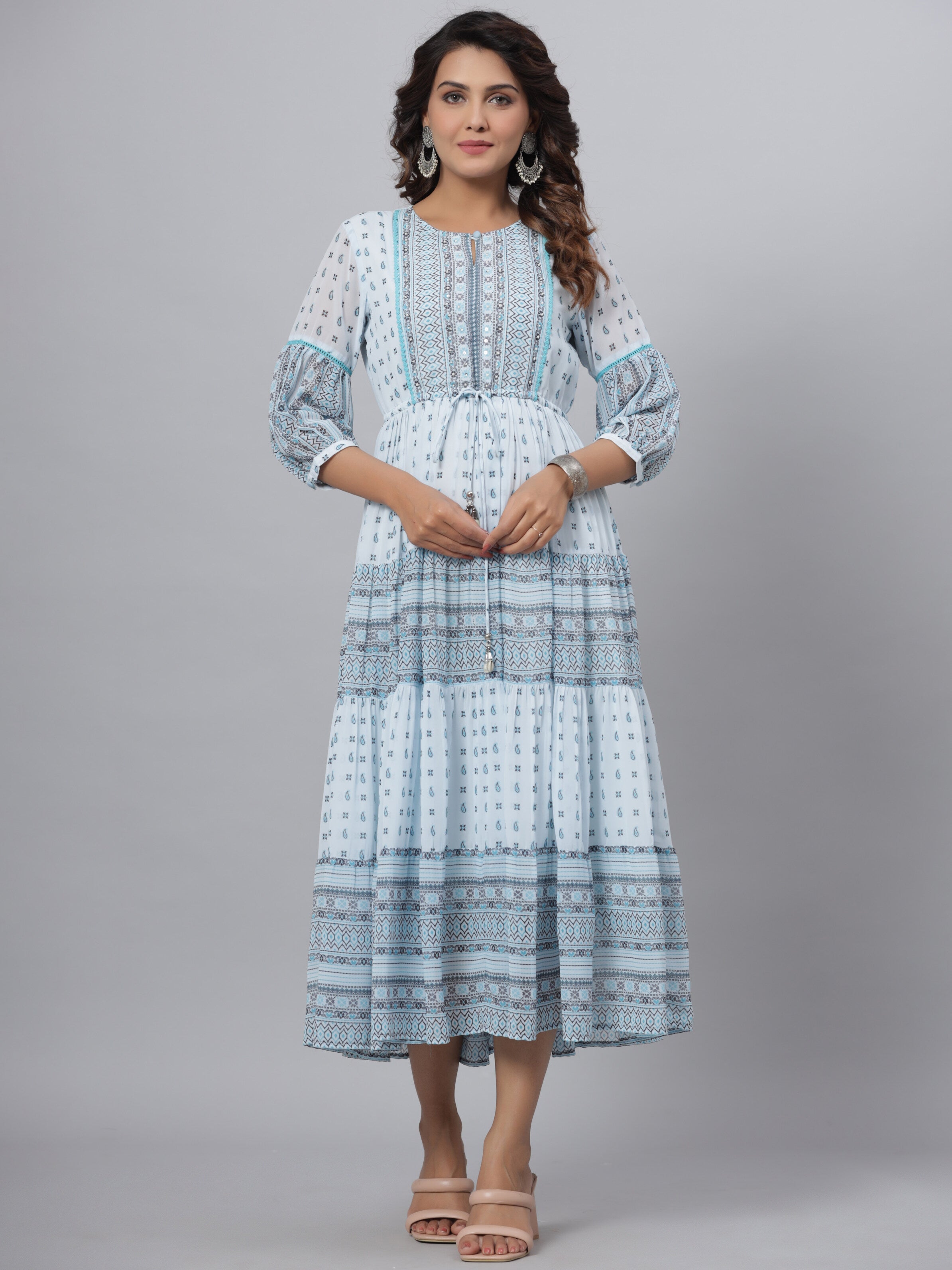 Juniper Women's Skyblue Georgette Printed Flared Dress