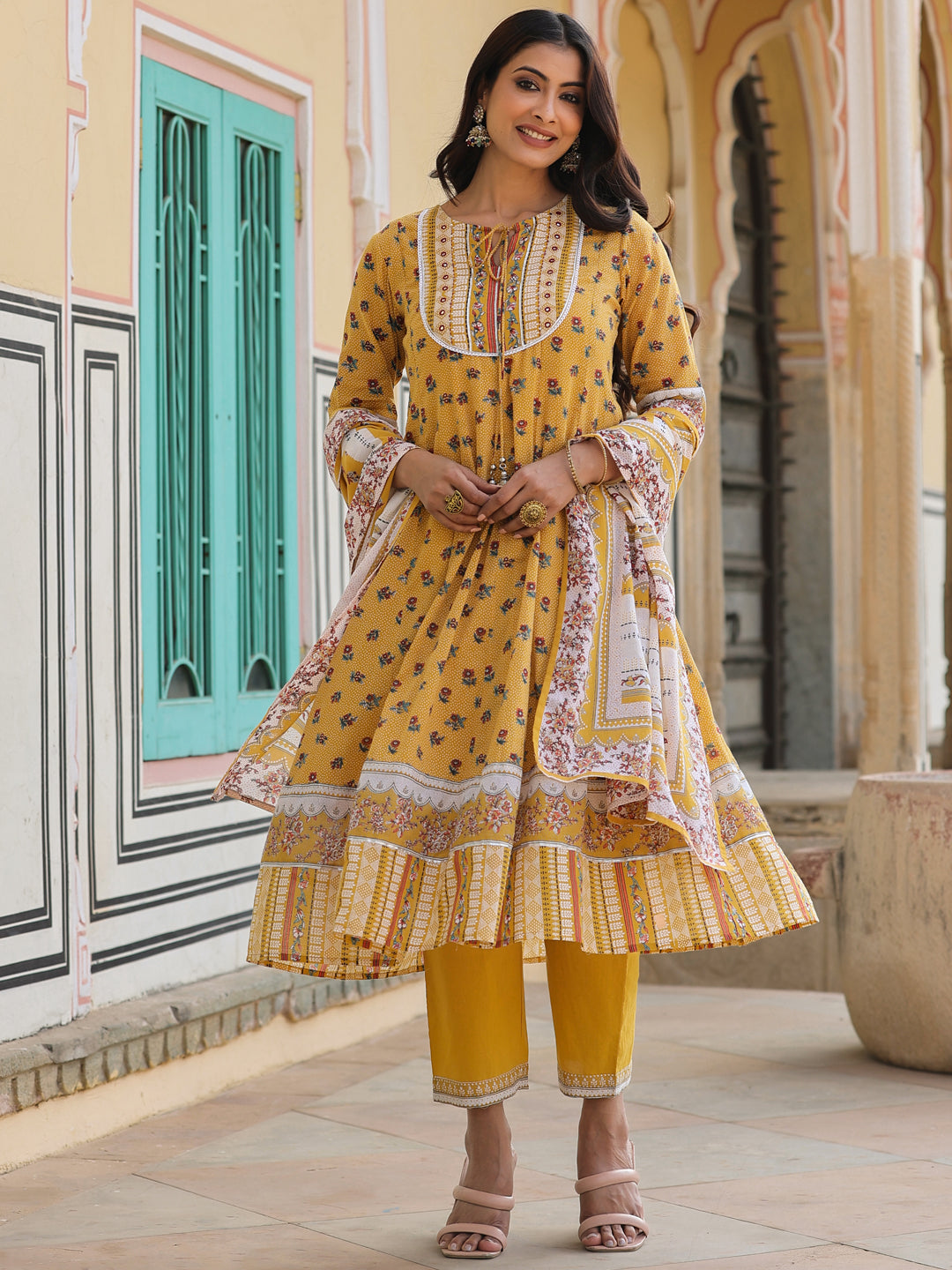 Juniper Women's Mustard Cotton Voile Floral Printed Kurta Pant & Dupatta Set