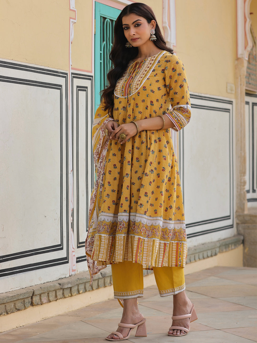 Juniper Women's Mustard Cotton Voile Floral Printed Kurta Pant & Dupatta Set