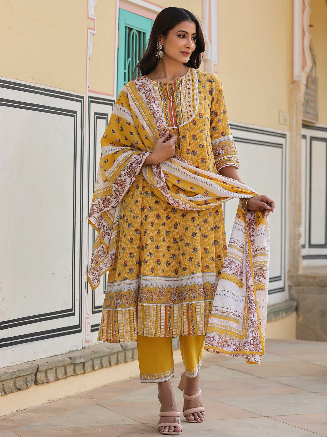Juniper Women's Mustard Cotton Voile Floral Printed Kurta Pant & Dupatta Set