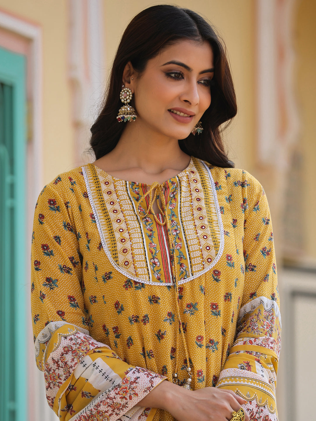 Juniper Women's Mustard Cotton Voile Floral Printed Kurta Pant & Dupatta Set