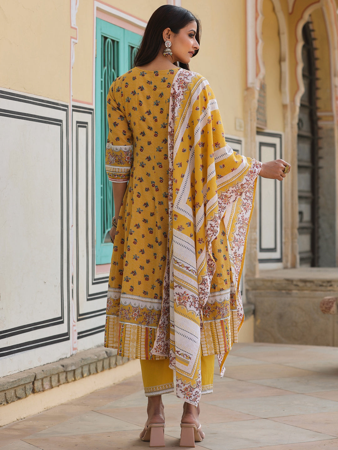 Juniper Women's Mustard Cotton Voile Floral Printed Kurta Pant & Dupatta Set