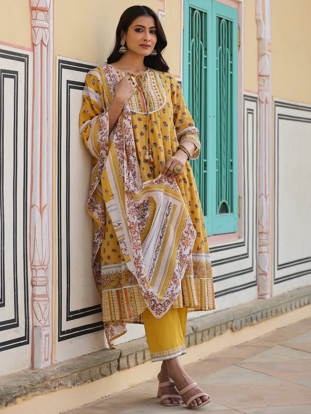 Juniper Women's Mustard Cotton Voile Floral Printed Kurta Pant & Dupatta Set