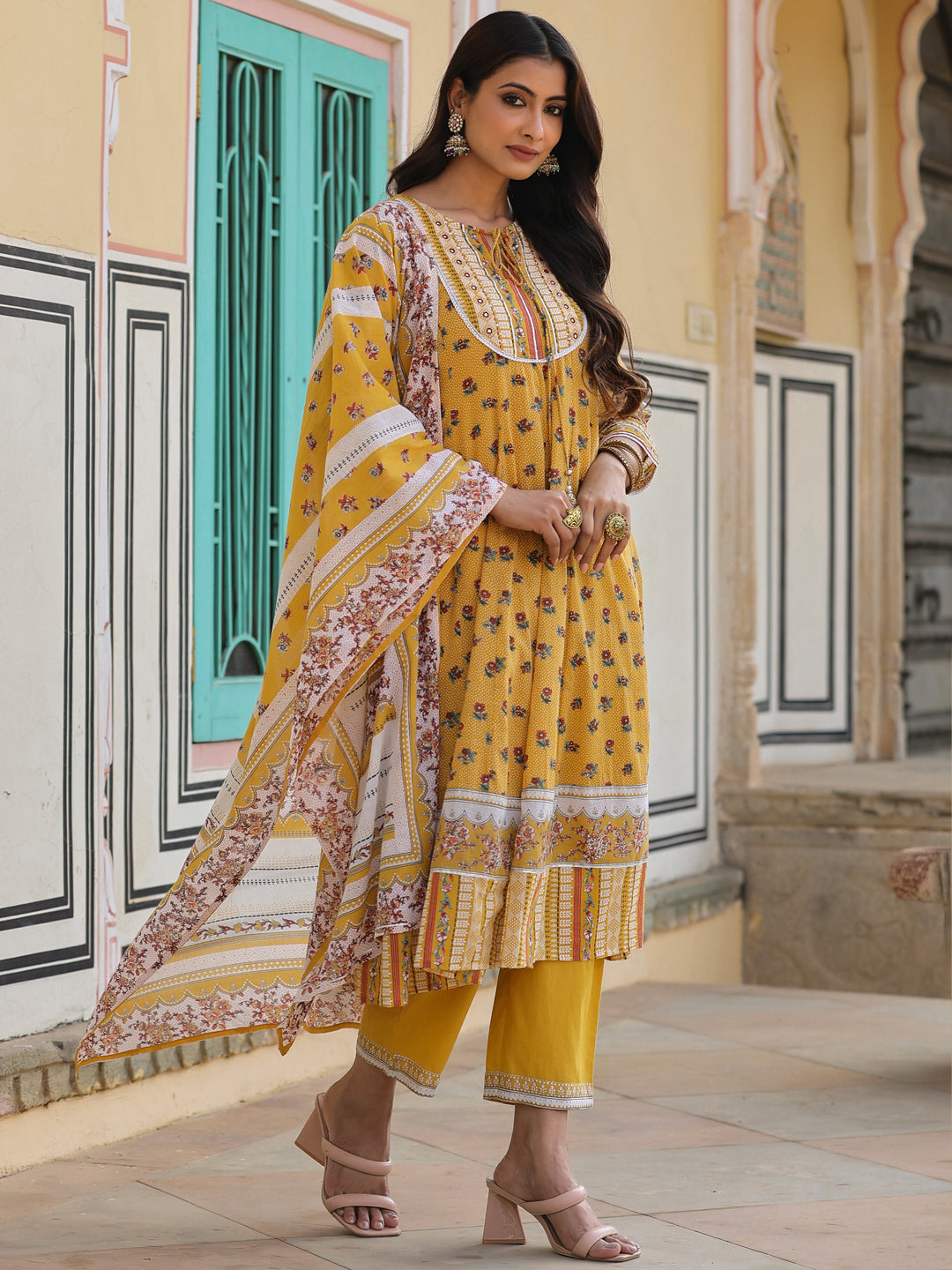 Juniper Women's Mustard Cotton Voile Floral Printed Kurta Pant & Dupatta Set