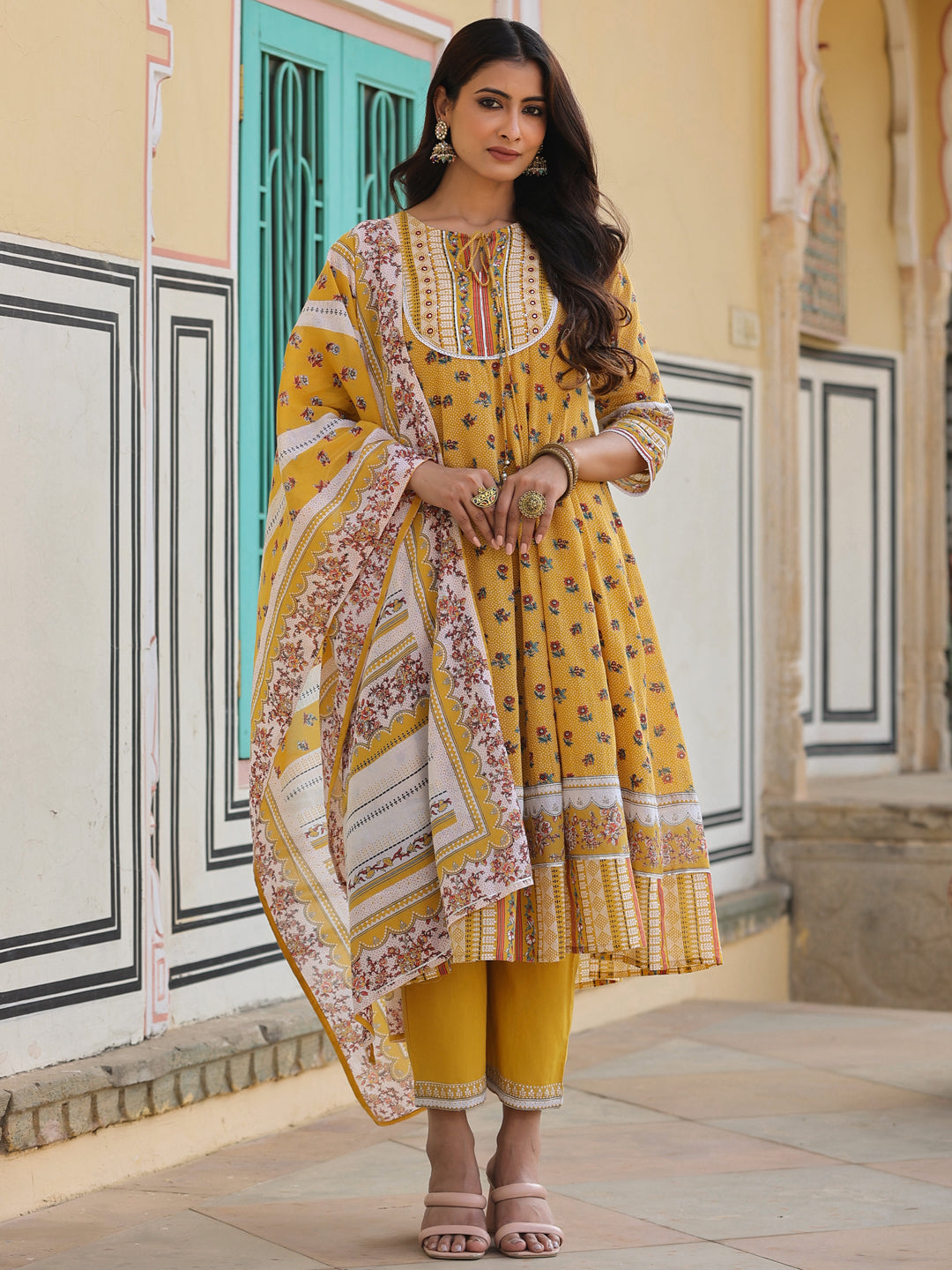 Juniper Women's Mustard Cotton Voile Floral Printed Kurta Pant & Dupatta Set