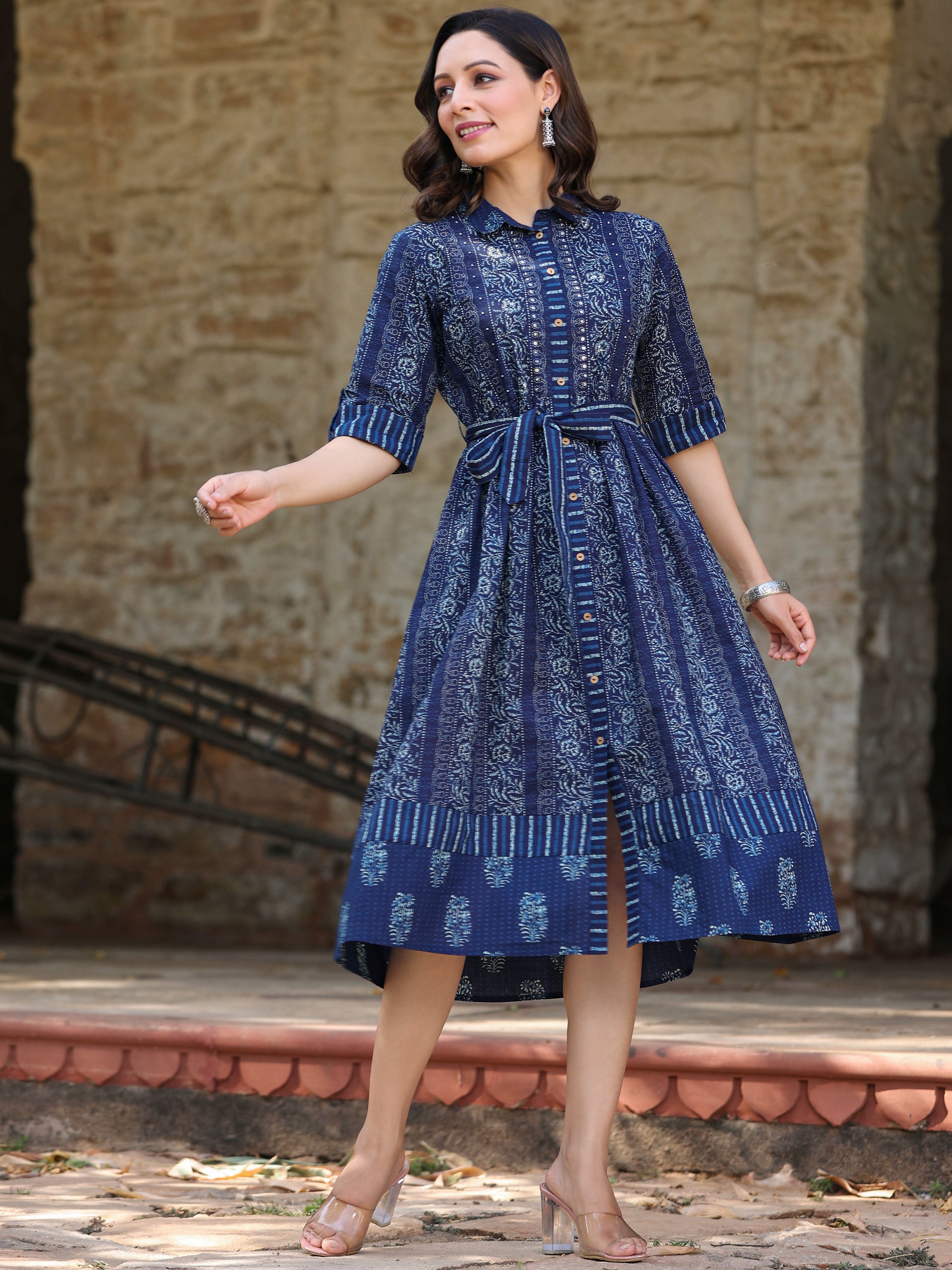 Juniper Women Navy Blue Cambric Floral Printed A-line Dress