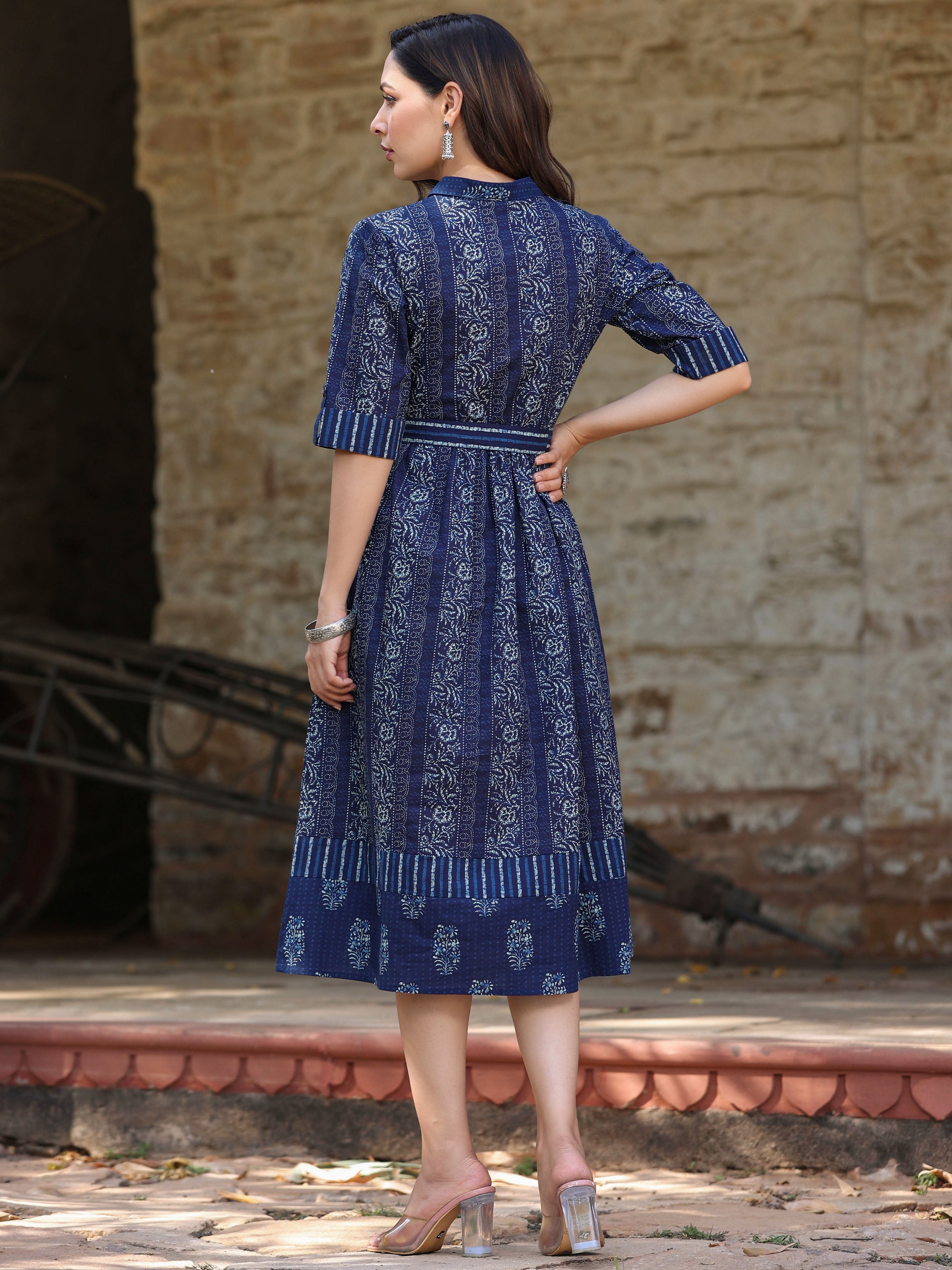 Juniper Women Navy Blue Cambric Floral Printed A-line Dress