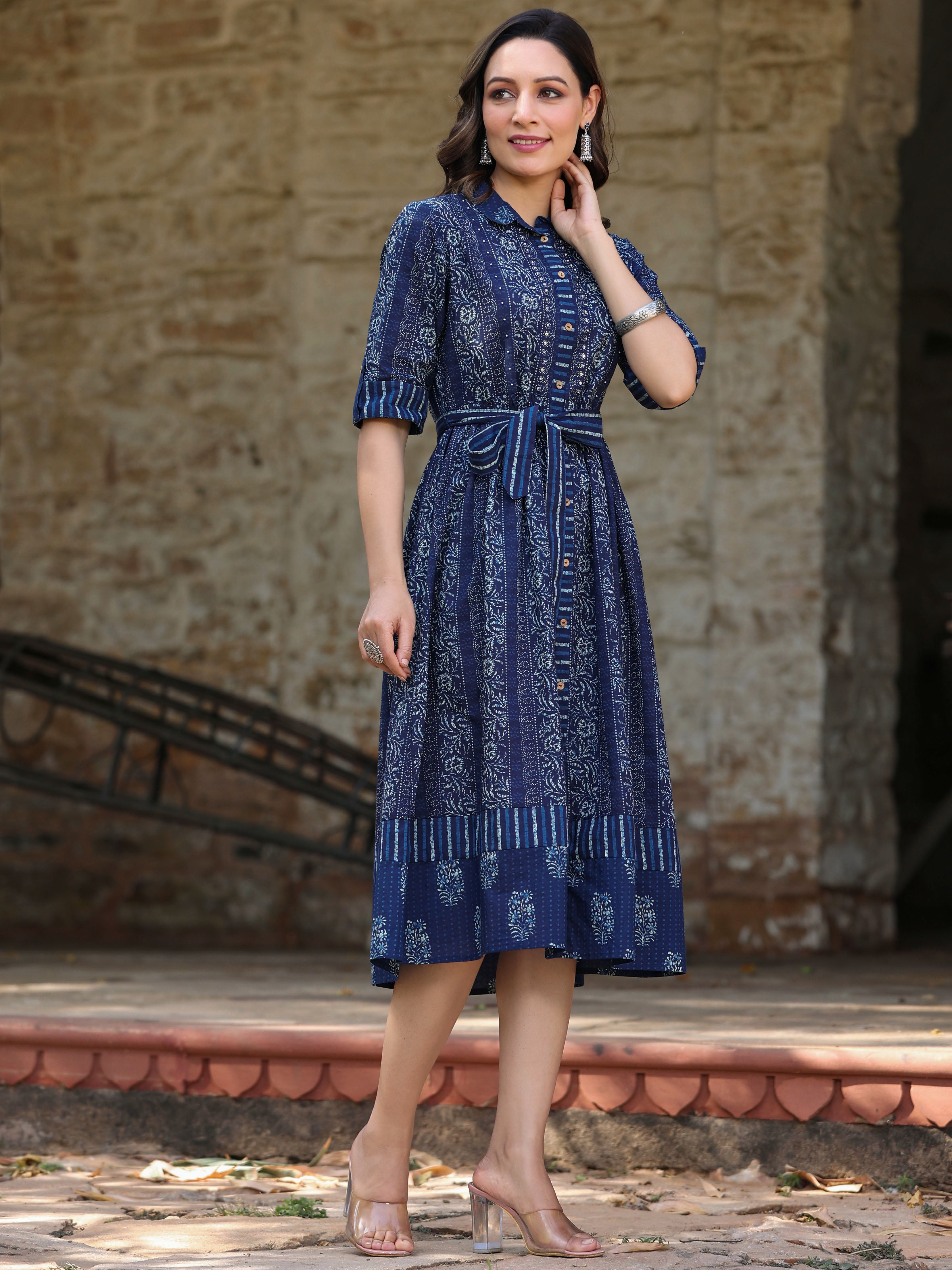 Juniper Women Navy Blue Cambric Floral Printed A-line Dress