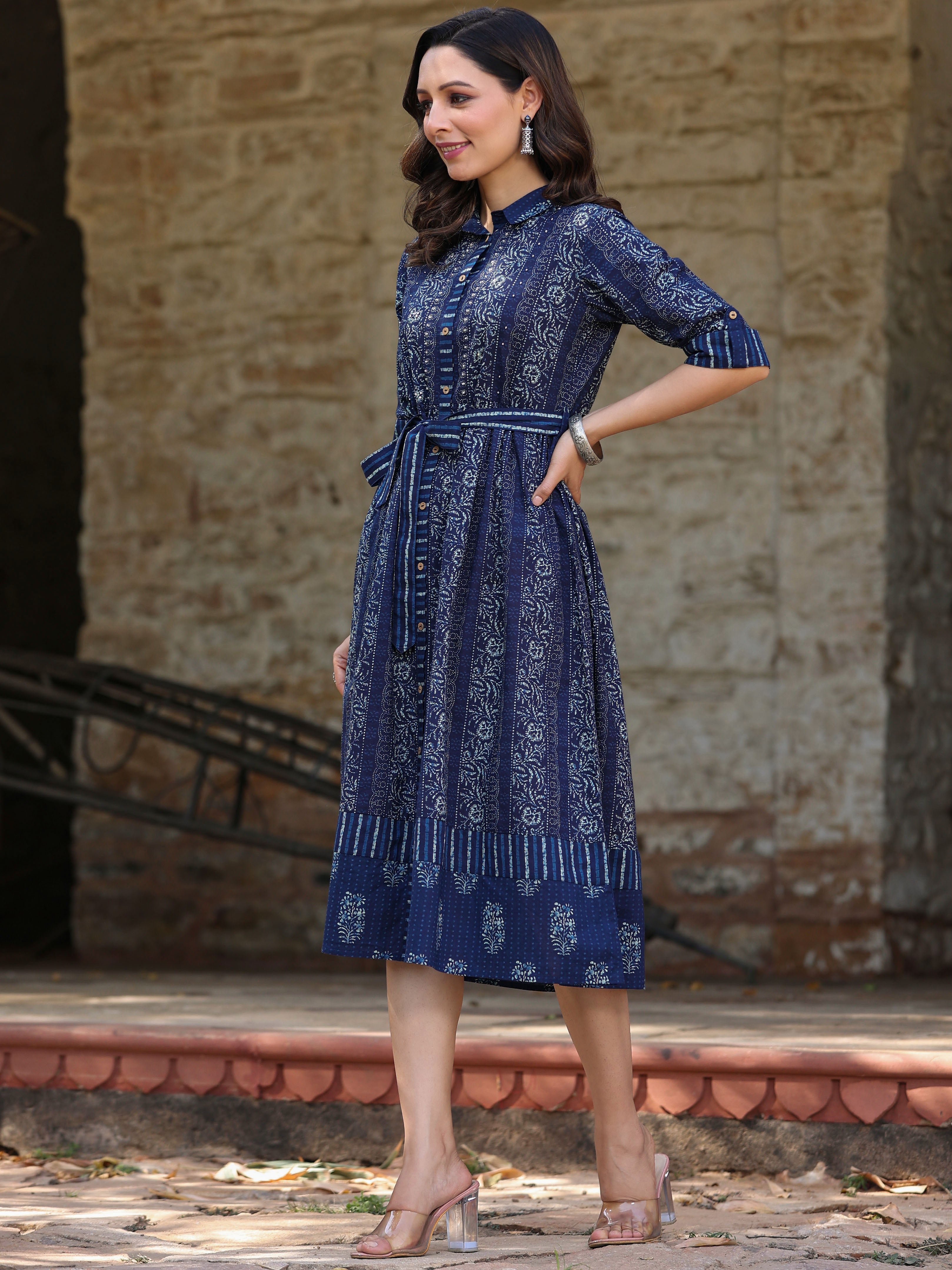 Juniper Women Navy Blue Cambric Floral Printed A-line Dress