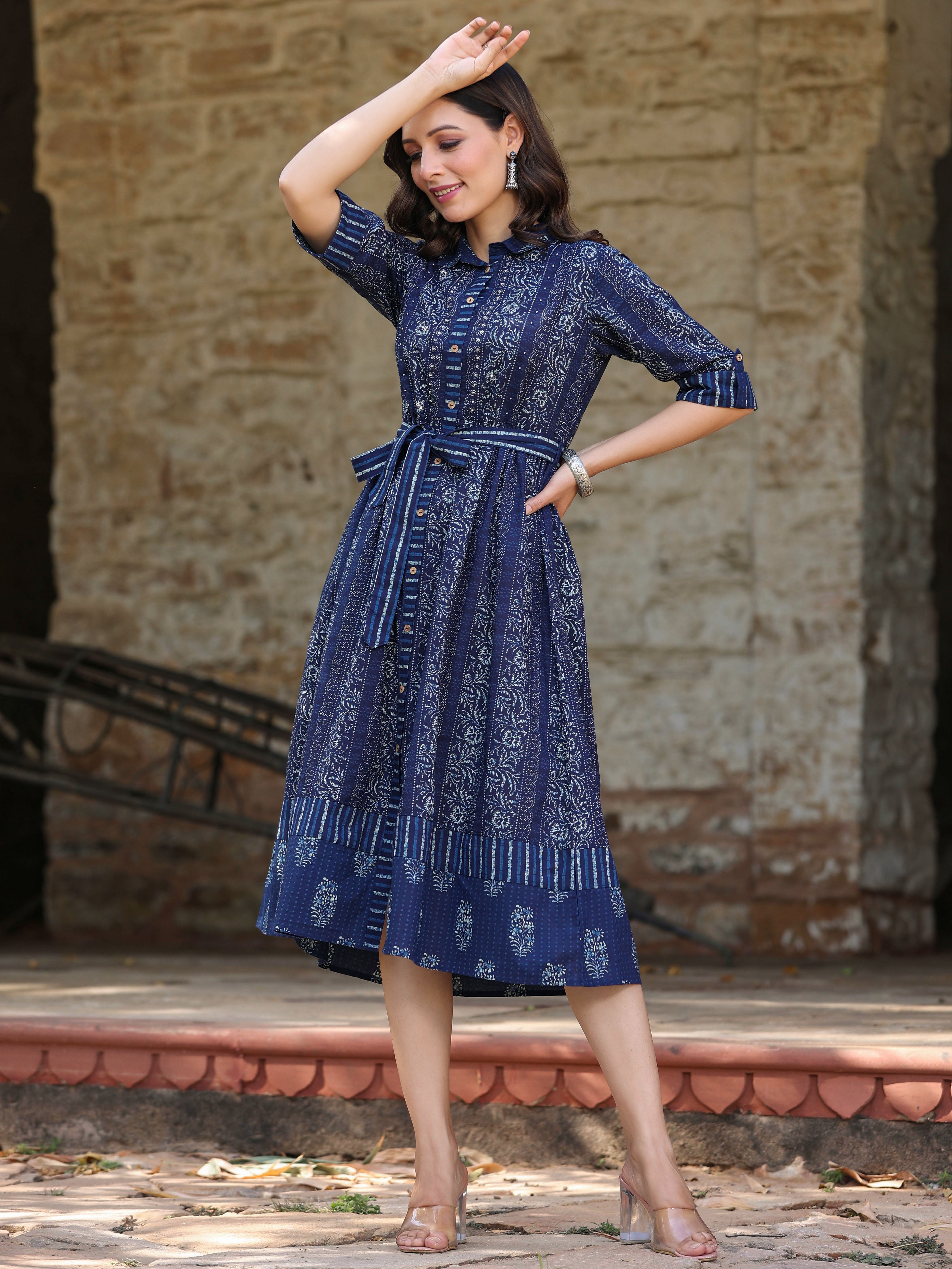 Juniper Women Navy Blue Cambric Floral Printed A-line Dress