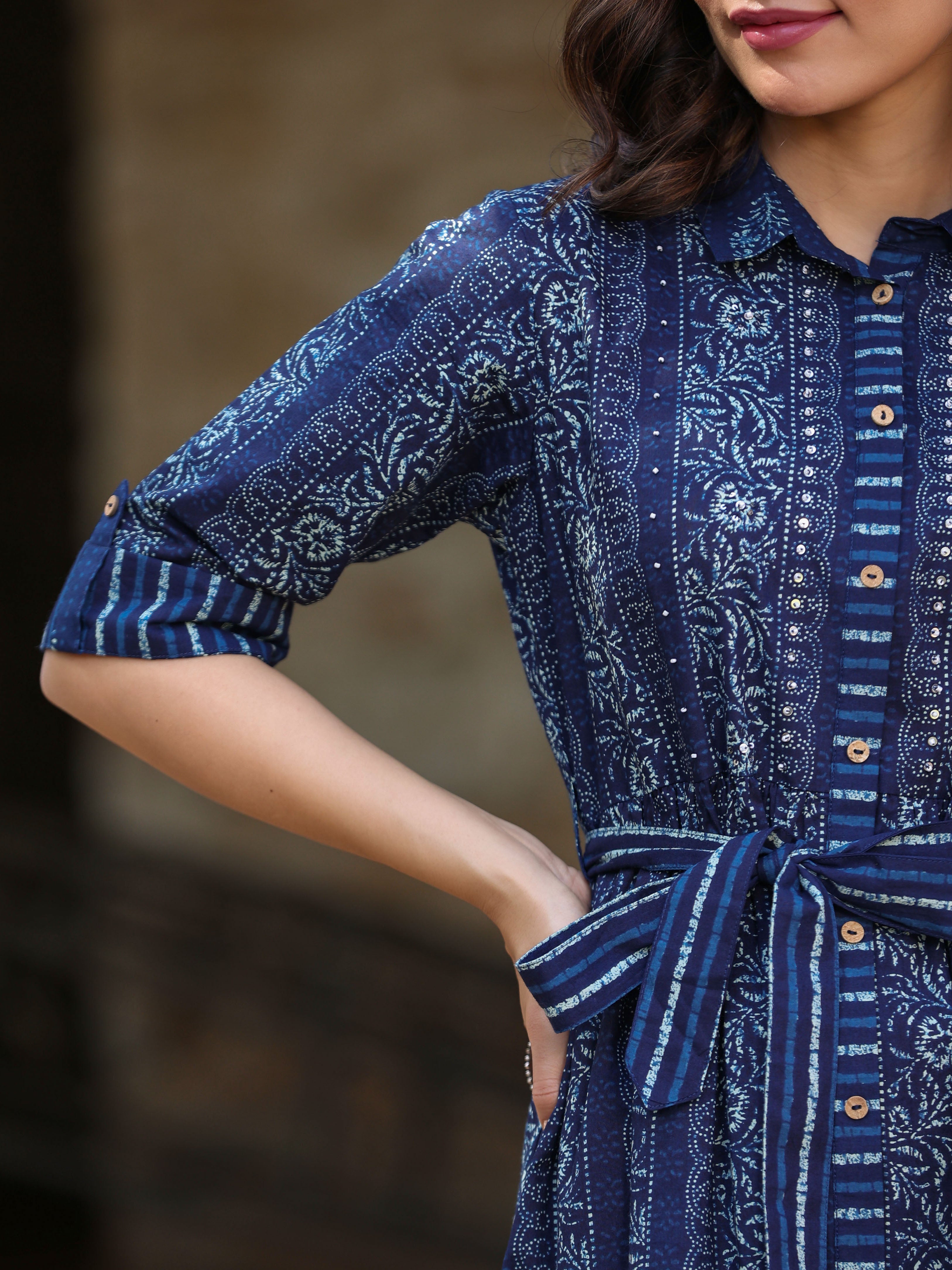 Juniper Women Navy Blue Cambric Floral Printed A-line Dress