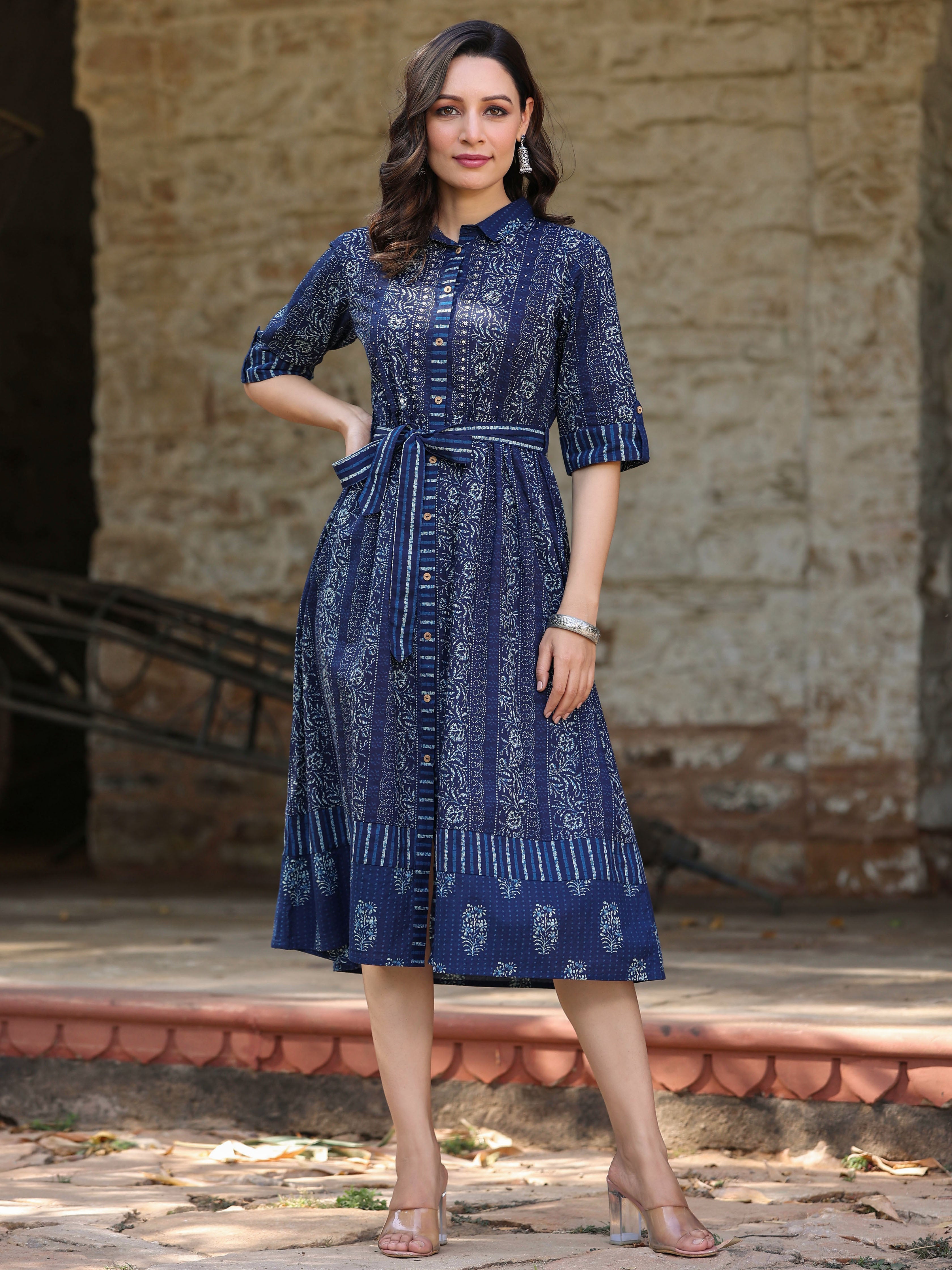 Juniper Women Navy Blue Cambric Floral Printed A-line Dress