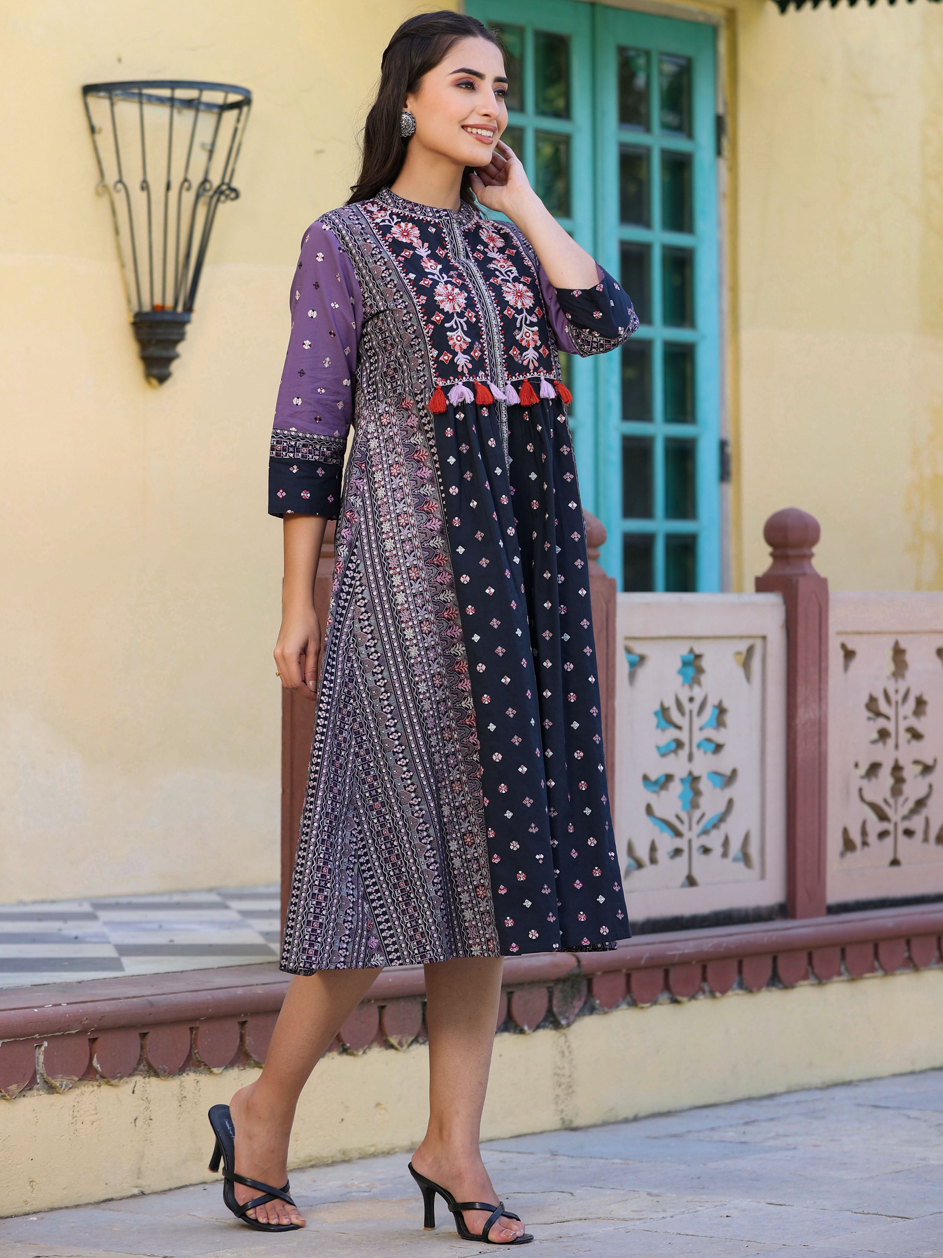 Juniper Women's Lavender Cambric Printed Embroidered Flared Dress