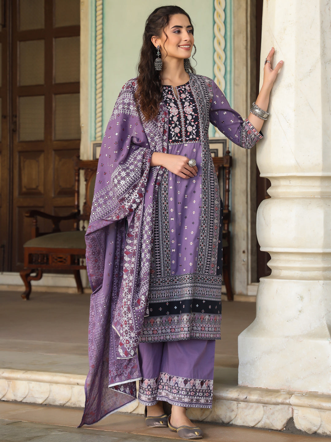 Juniper Women's Lavender Cambric Geometric Printed Mix & Match Kurta Palazzo & Dupatta Set
