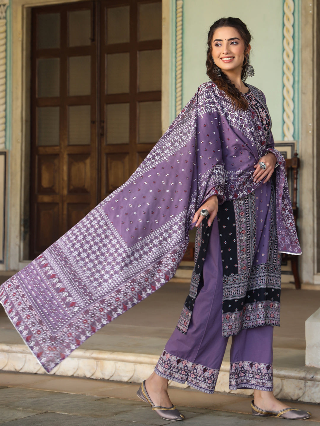 Juniper Women's Lavender Cambric Geometric Printed Mix & Match Kurta Palazzo & Dupatta Set