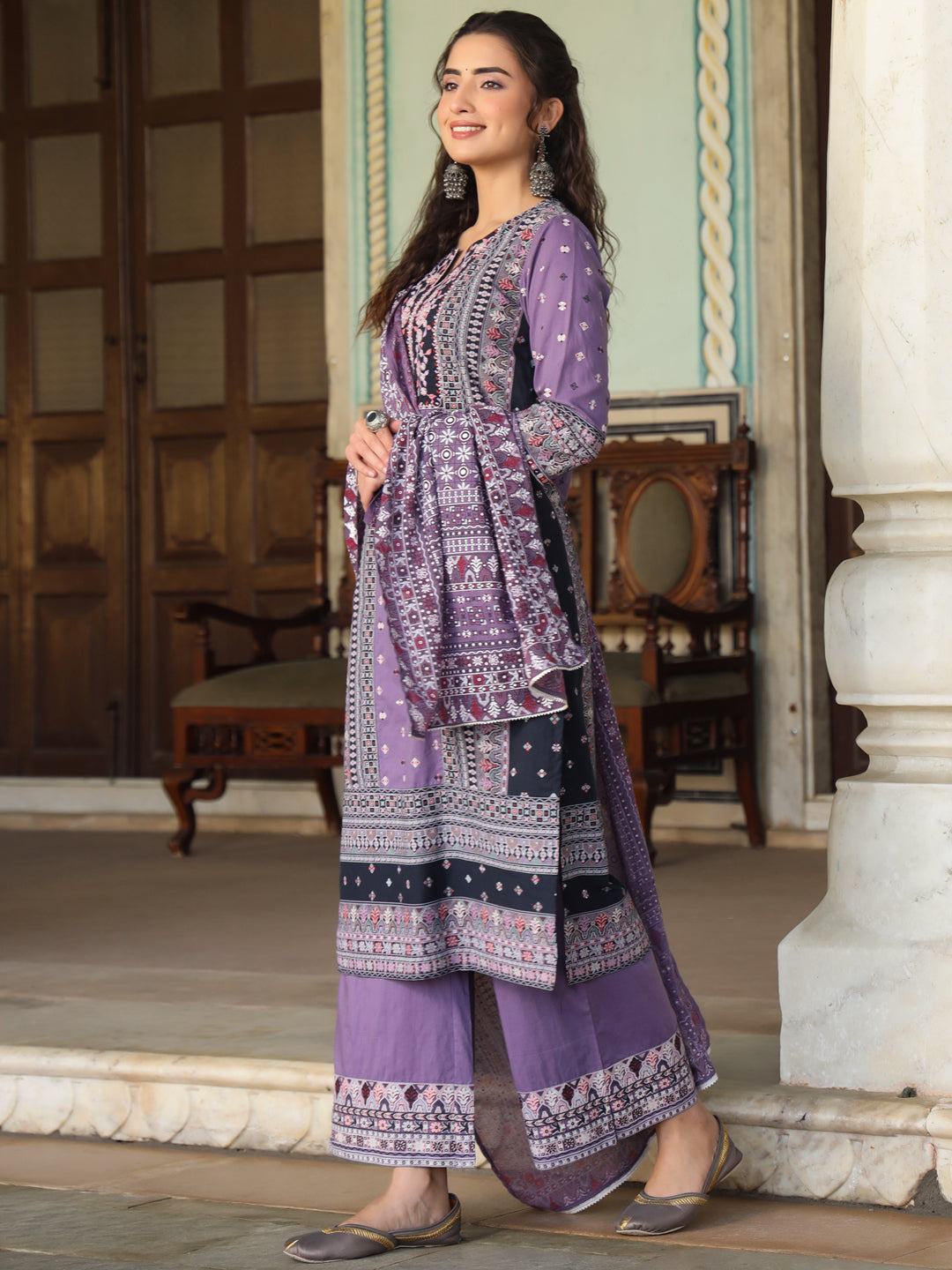 Juniper Women's Lavender Cambric Geometric Printed Mix & Match Kurta Palazzo & Dupatta Set