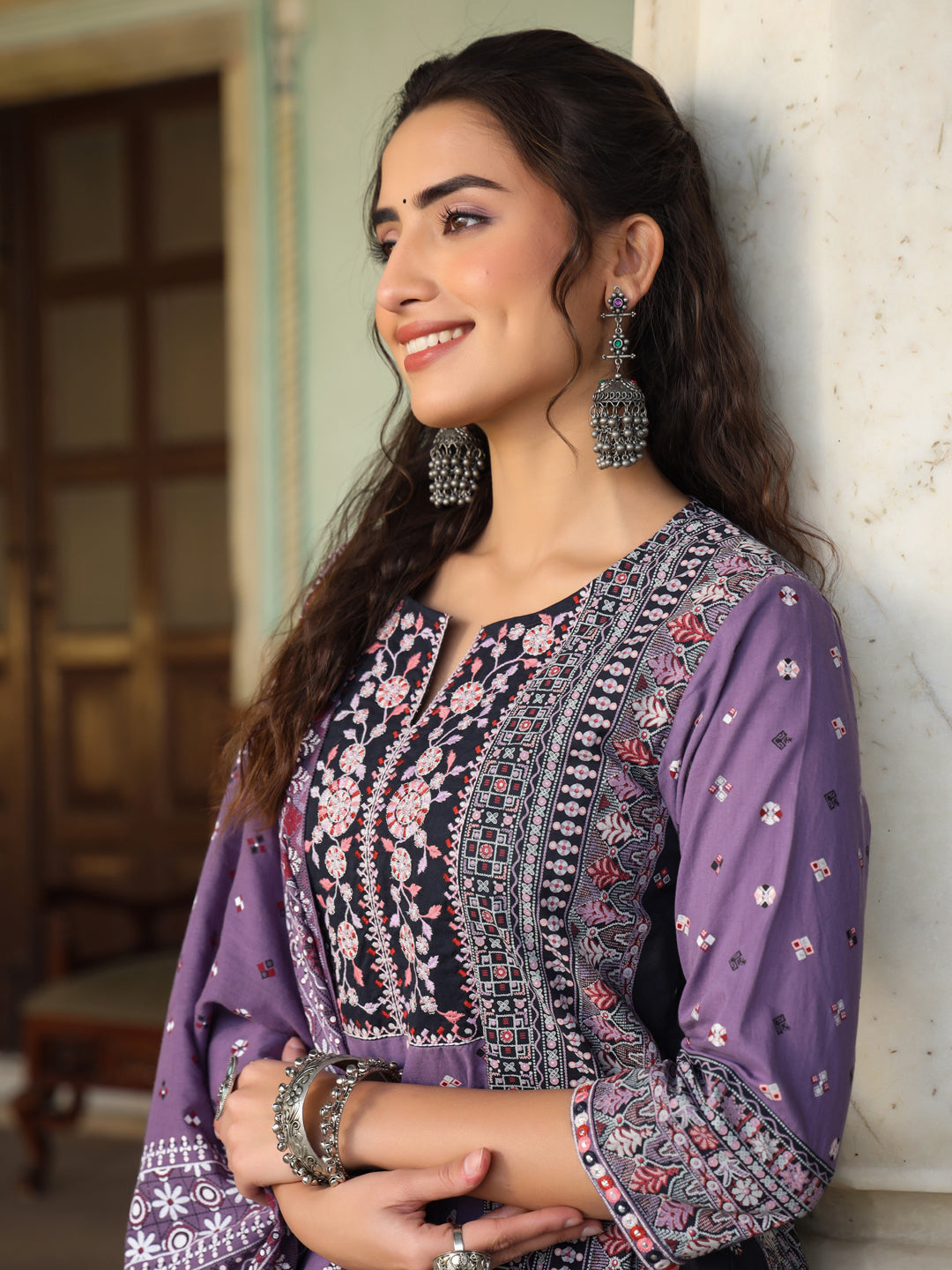 Juniper Women's Lavender Cambric Geometric Printed Mix & Match Kurta Palazzo & Dupatta Set