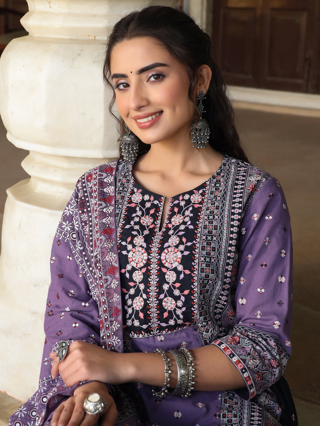 Juniper Women's Lavender Cambric Geometric Printed Mix & Match Kurta Palazzo & Dupatta Set