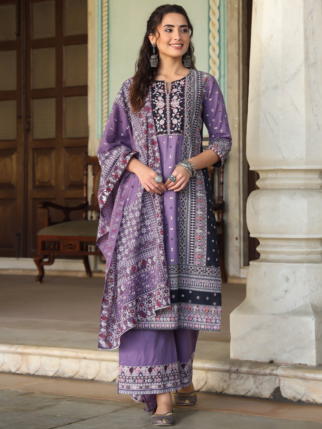 Juniper Women's Lavender Cambric Geometric Printed Mix & Match Kurta Palazzo & Dupatta Set