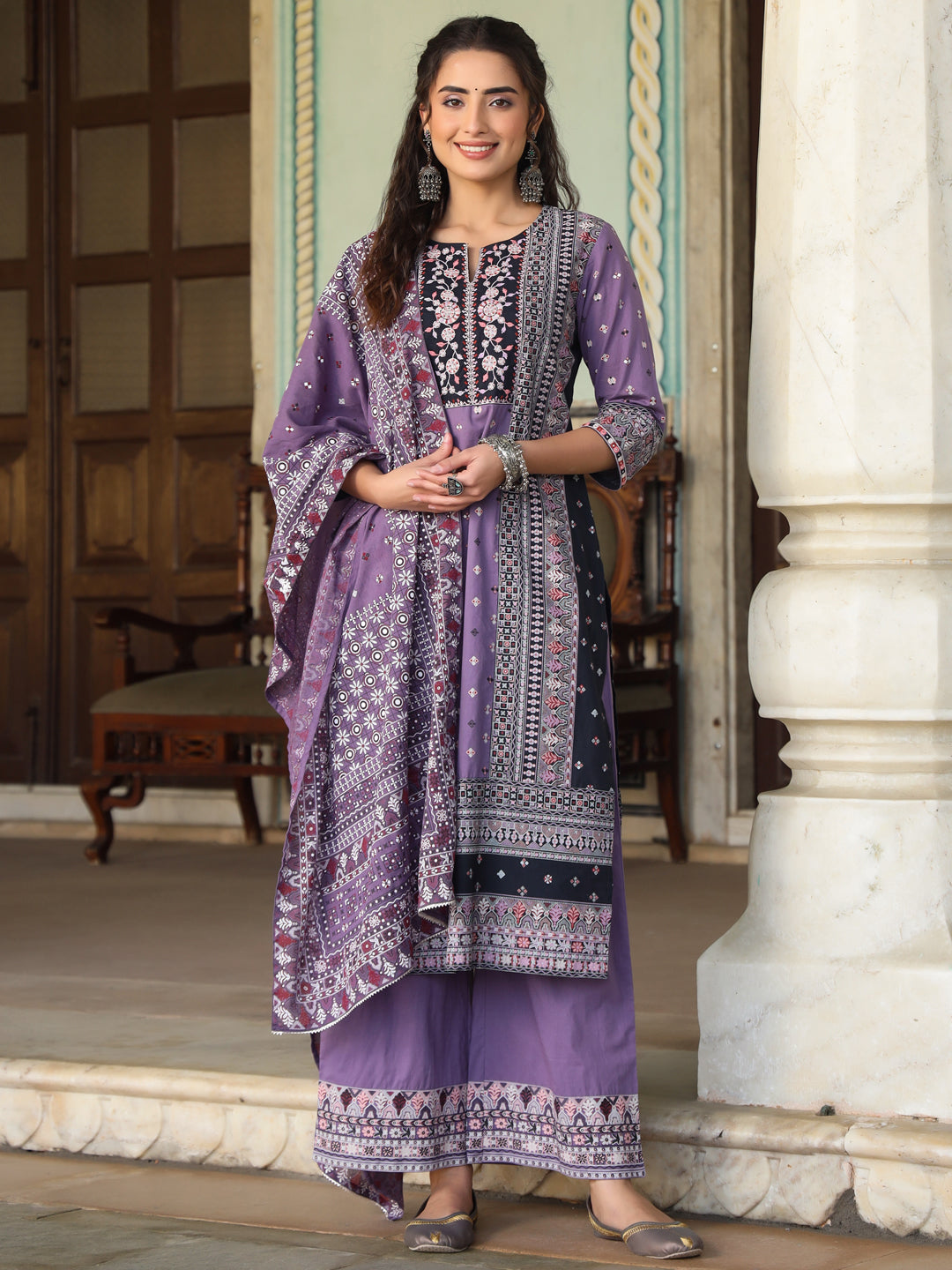 Juniper Women's Lavender Cambric Geometric Printed Mix & Match Kurta Palazzo & Dupatta Set