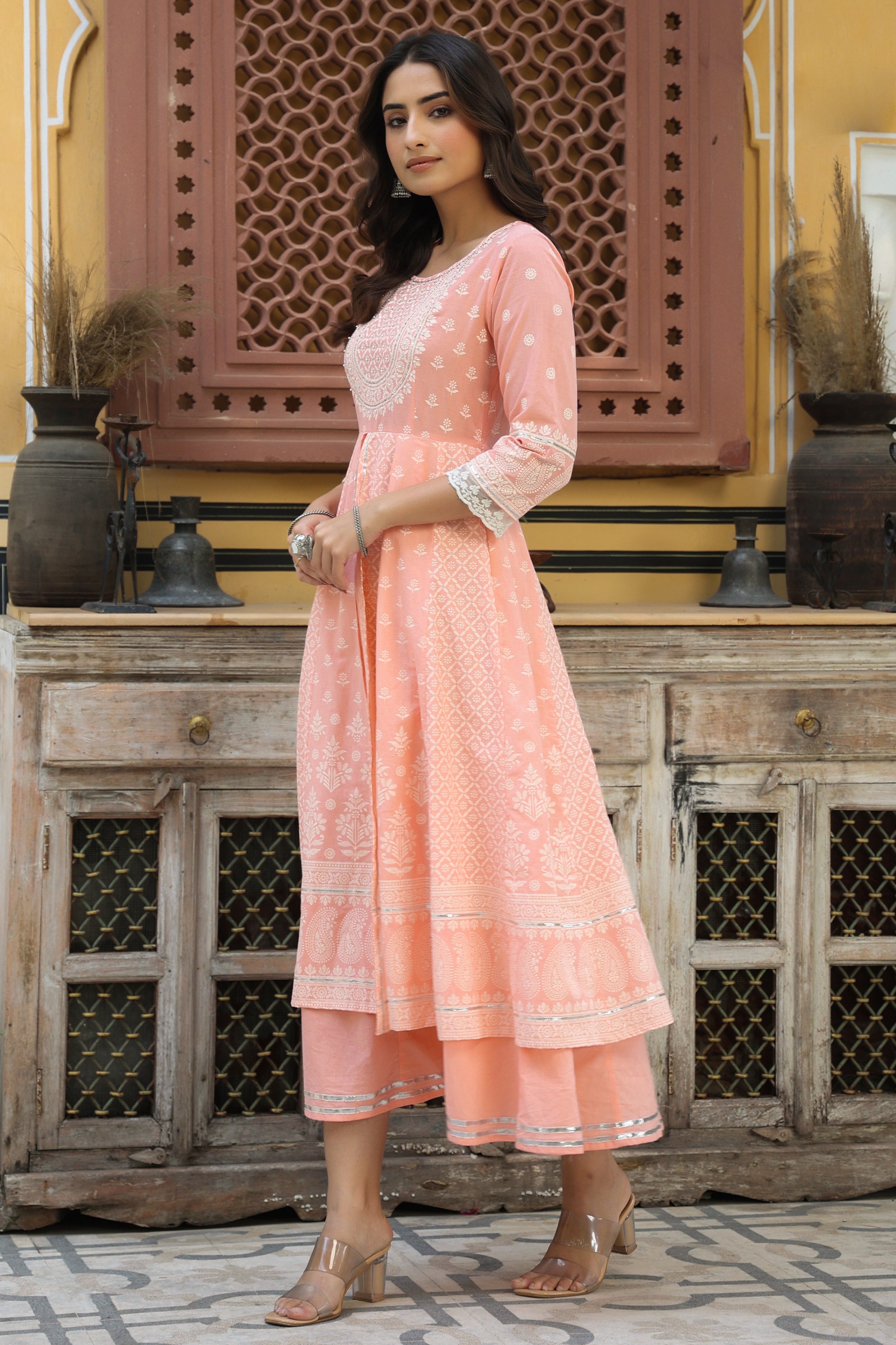 Juniper Women's Peach Cambric Printed Flared Dress