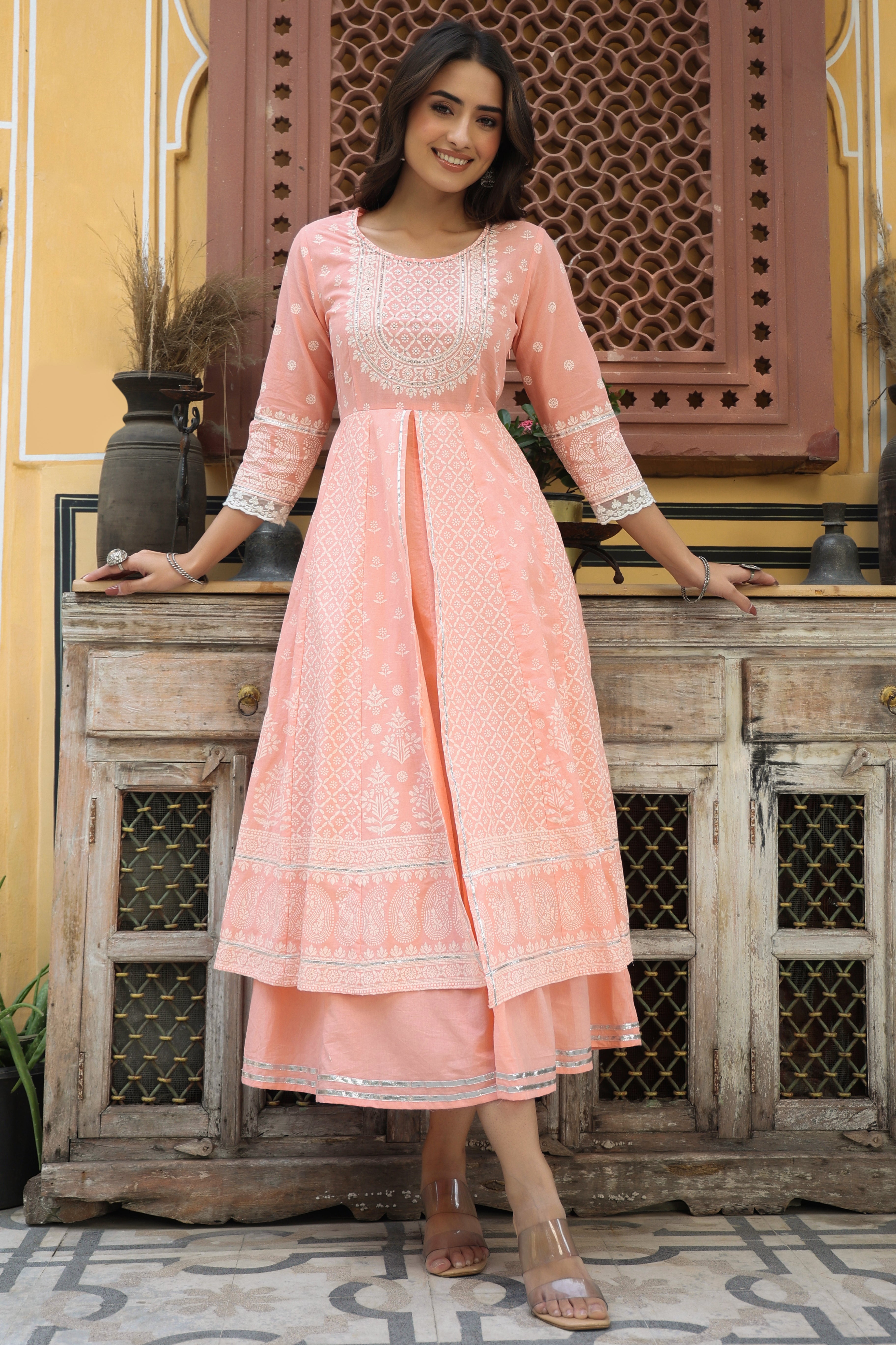 Juniper Women's Peach Cambric Printed Flared Dress