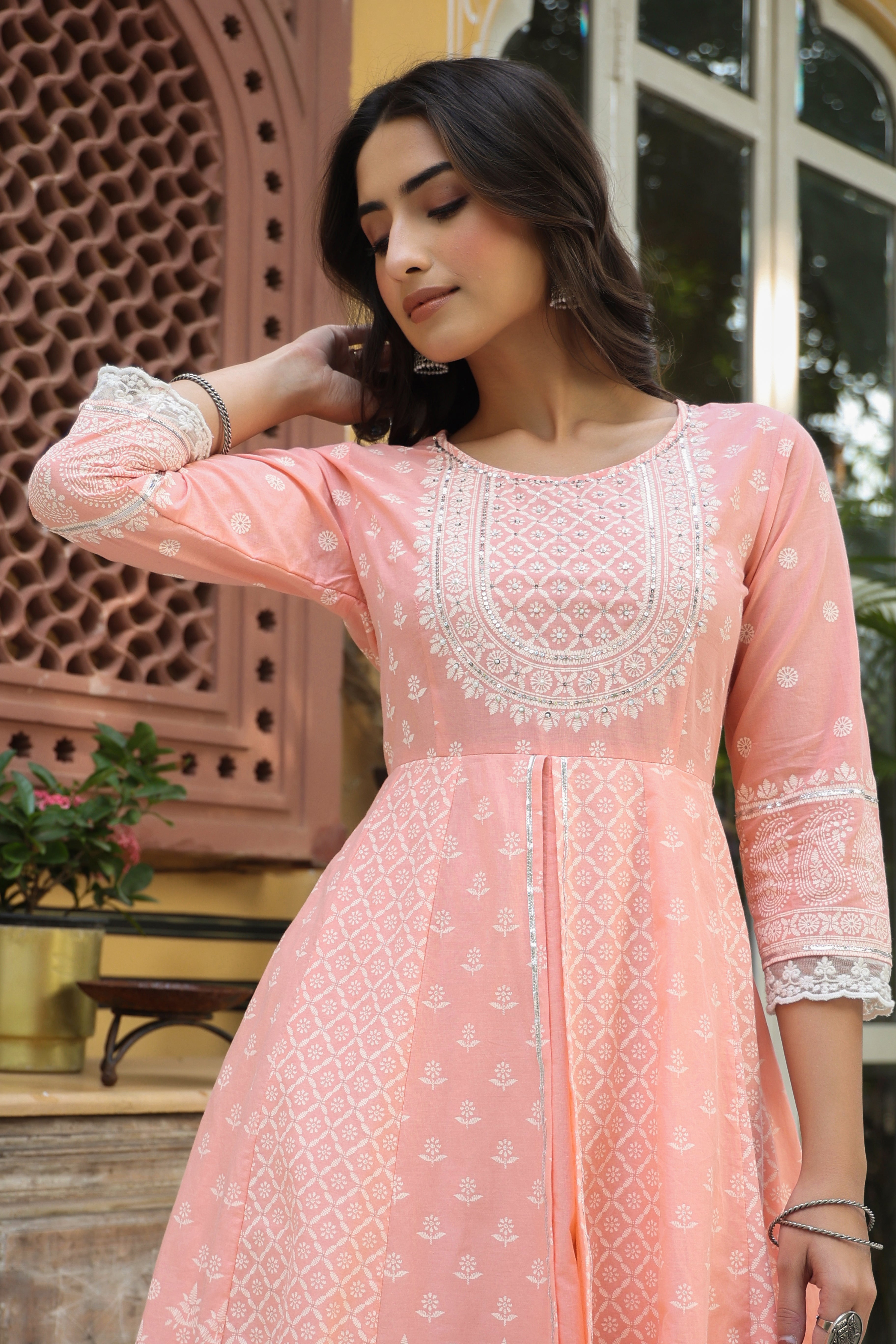 Juniper Women's Peach Cambric Printed Flared Dress